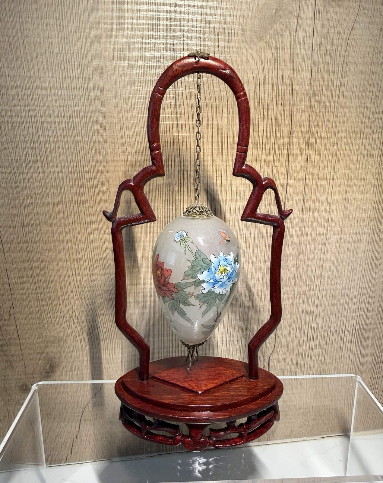 Chinese Reverse Painted Glass Egg on Stand – Decorative Art Piece