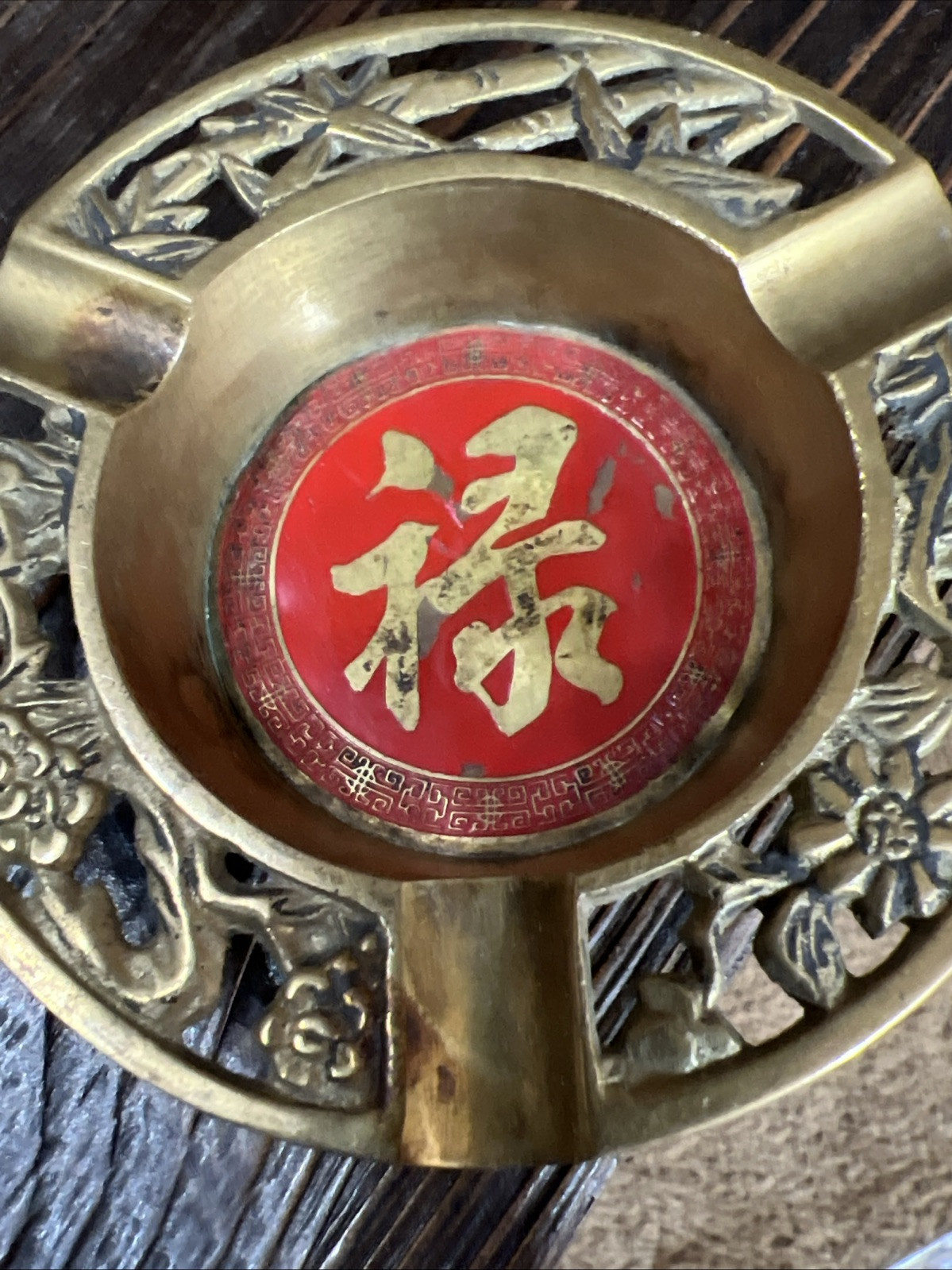 Vintage Chinese Brass Red Enamel Ashtray, Bamboo Floral Design 3.25″ Taiwan