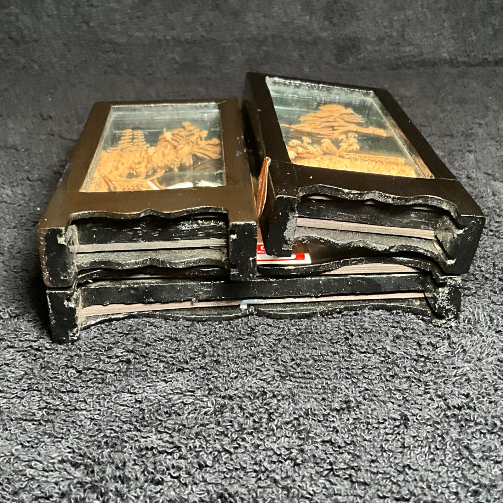 2x-VTG SAN YOU Tri-Fold Oriental Hand Carved Cork Pagoda Diorama w Cranes