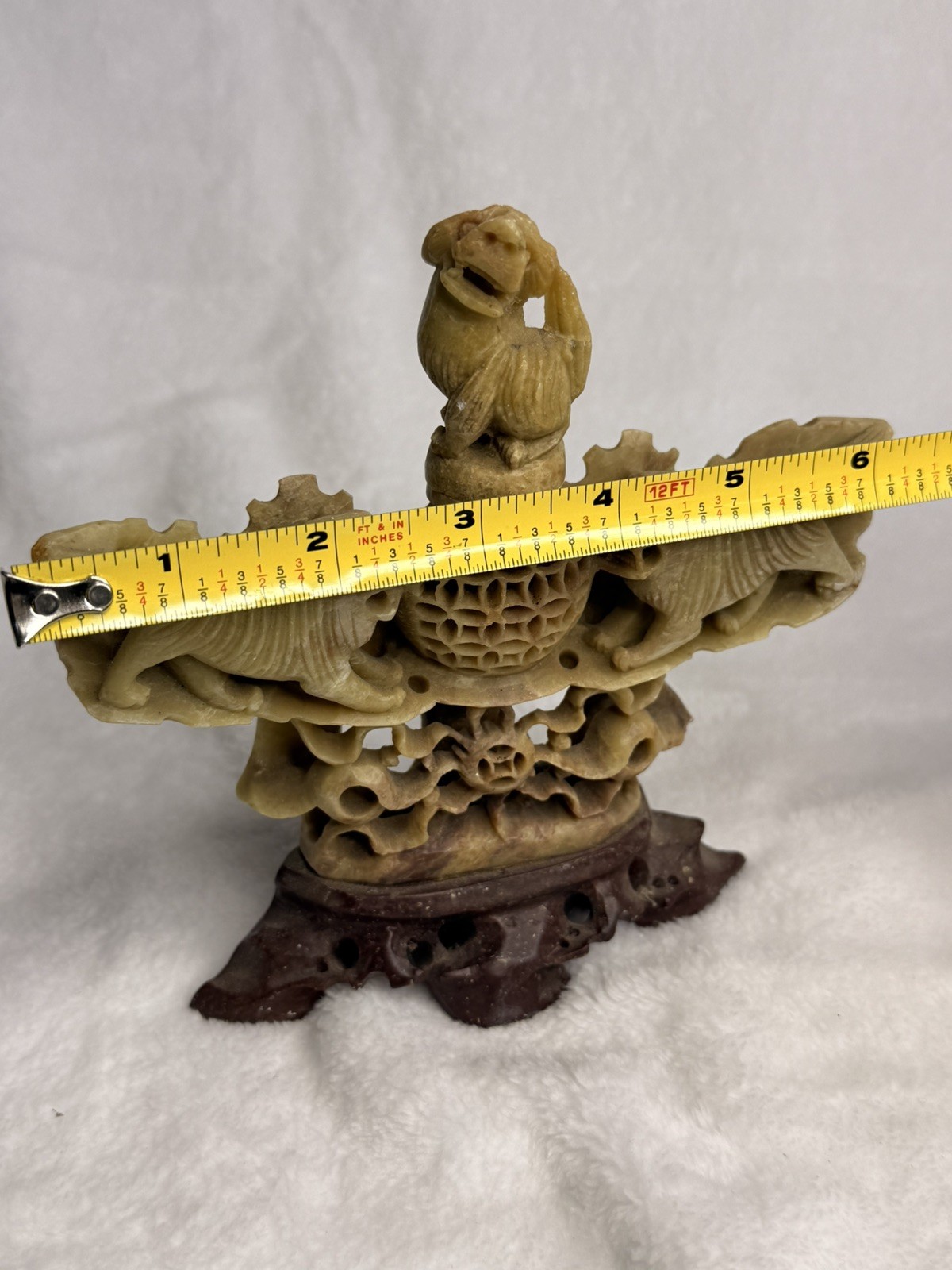 VINTAGE HAND CARVED SOAP STONE INCENSE BURNER FOO DOGS/LIONS CHINA 6 x 6