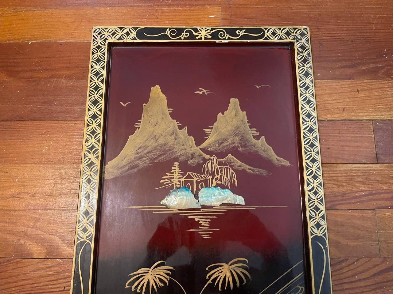 20thC Chinese Wall Art Black Lacquer Panel Mother of Pearl Relief Scene – 2