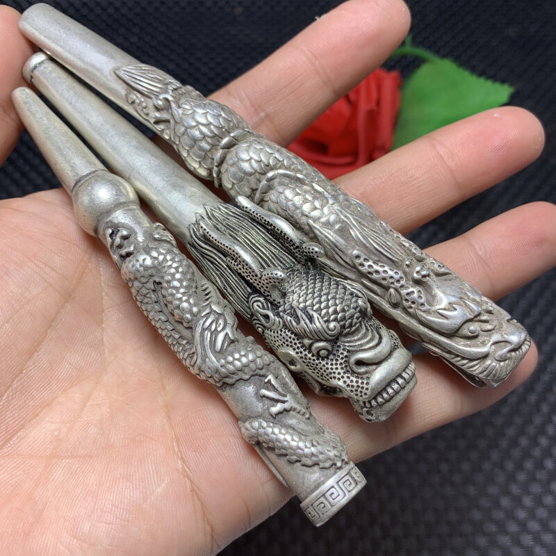 Tibetan Silver pipe Smoking Statue Sacred Dragon hand-made Tobacco rod 6pcs