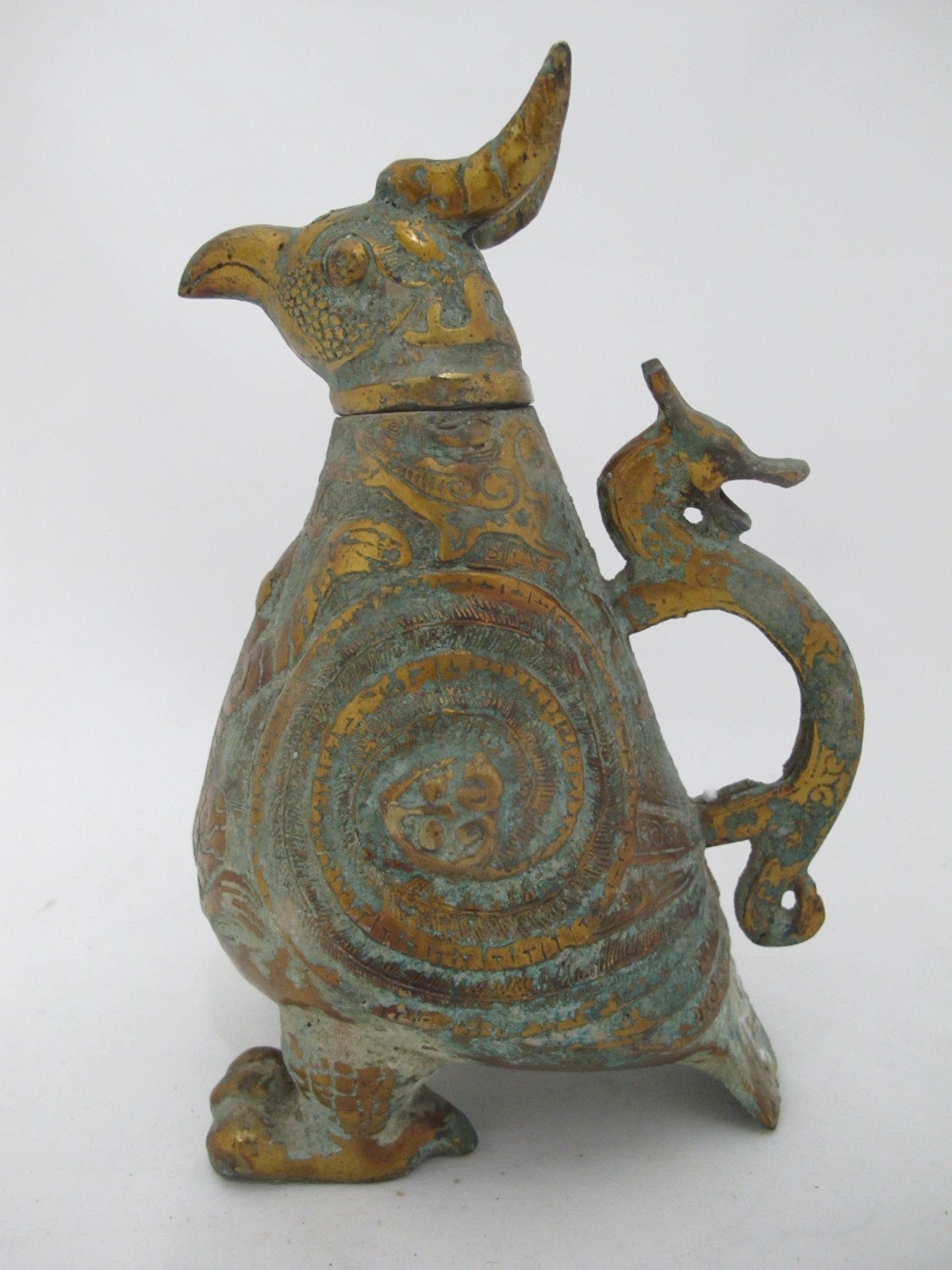 CHINESE Archaic BIRD Bronze Ware Gold Toad Accent Ritual WINE Vessel Pitcher