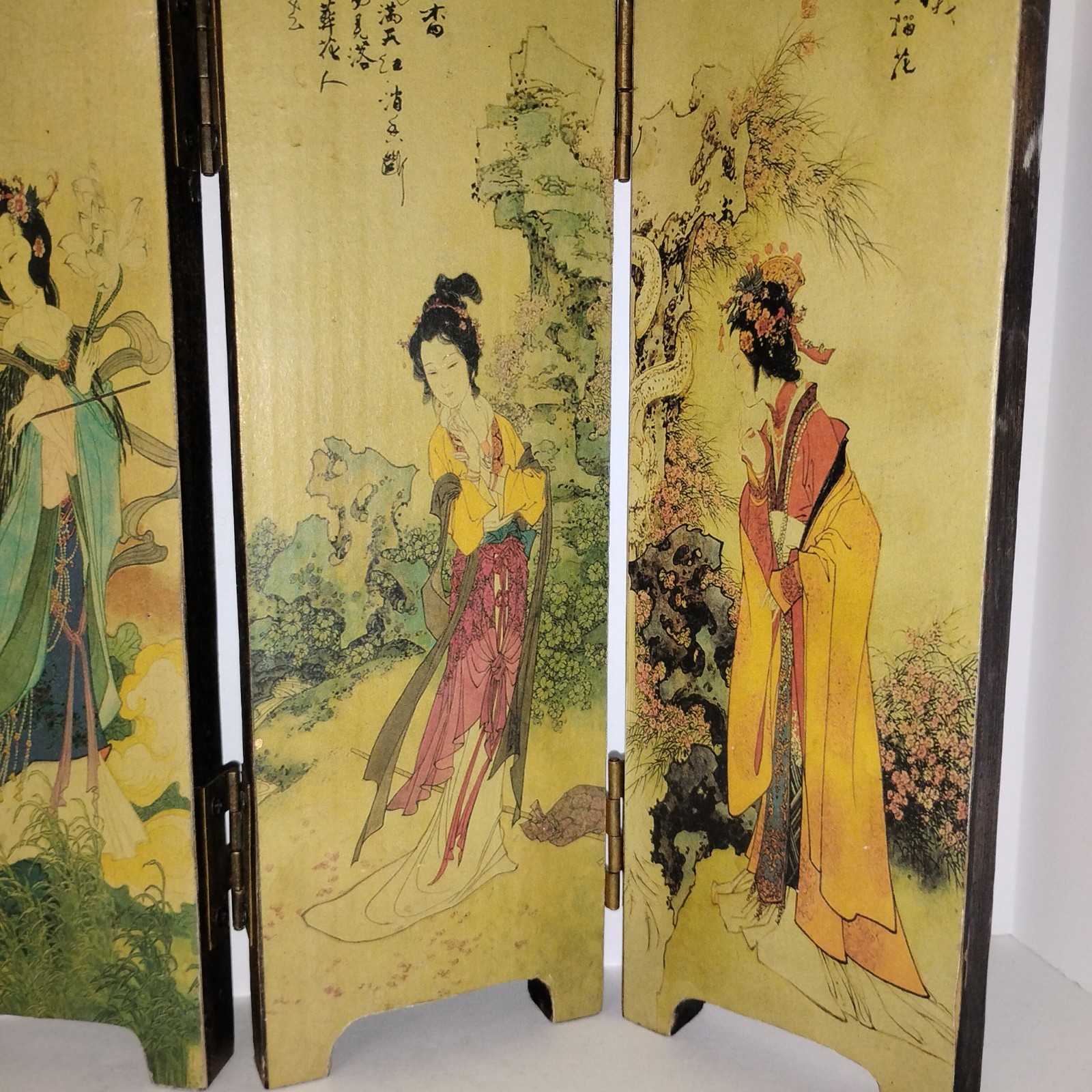 Vintage Chinese Folding Table Top Screen Handpainted 4 Panel 2 Sided Wooden