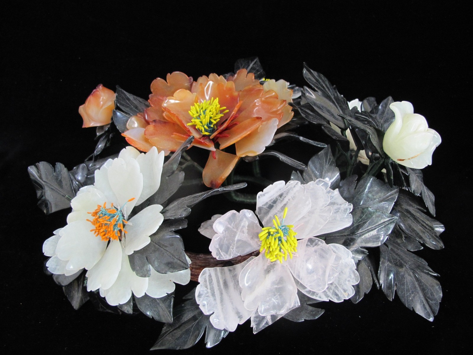 CHINESE Carved Jade Carnelian & Quartz Hardstone FLOWER Centerpiece