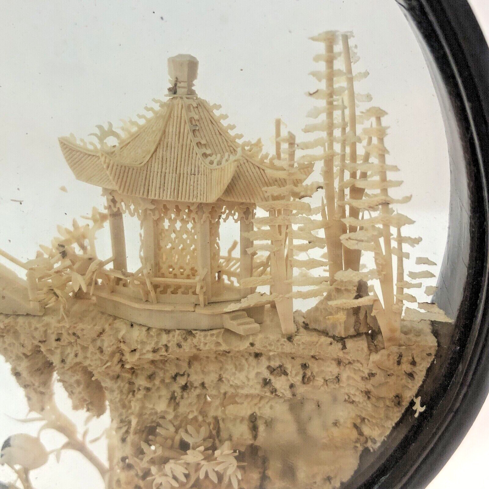 Mid 20th Century Chinese Cork Carving Landscape Art Pagoda Trees Cranes 6 1/2”