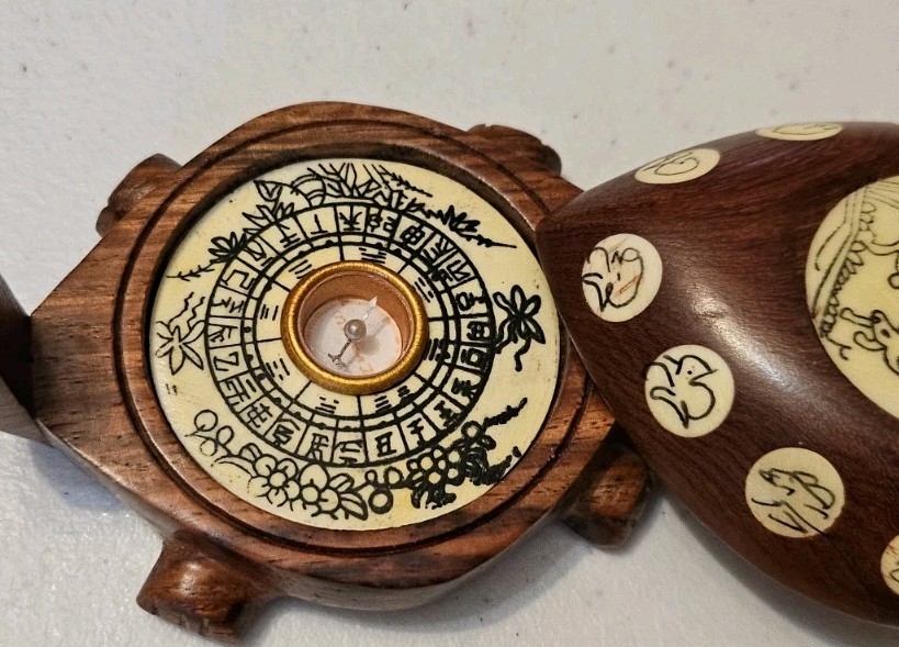 Asian Carved Wooden Turtle, Opens with Compass and Zodiac Signs