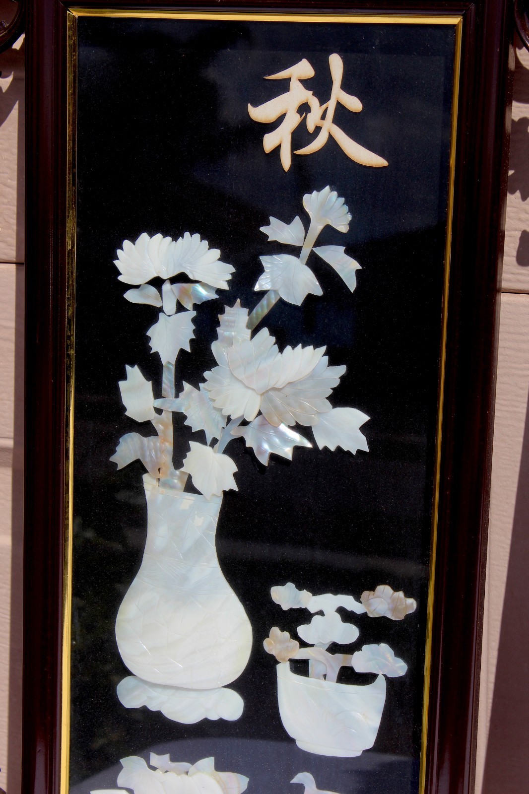 Vintage Chinese Mother-of-Pearl Inlay Chrysanthemum Wall Panels – Ornate Carved