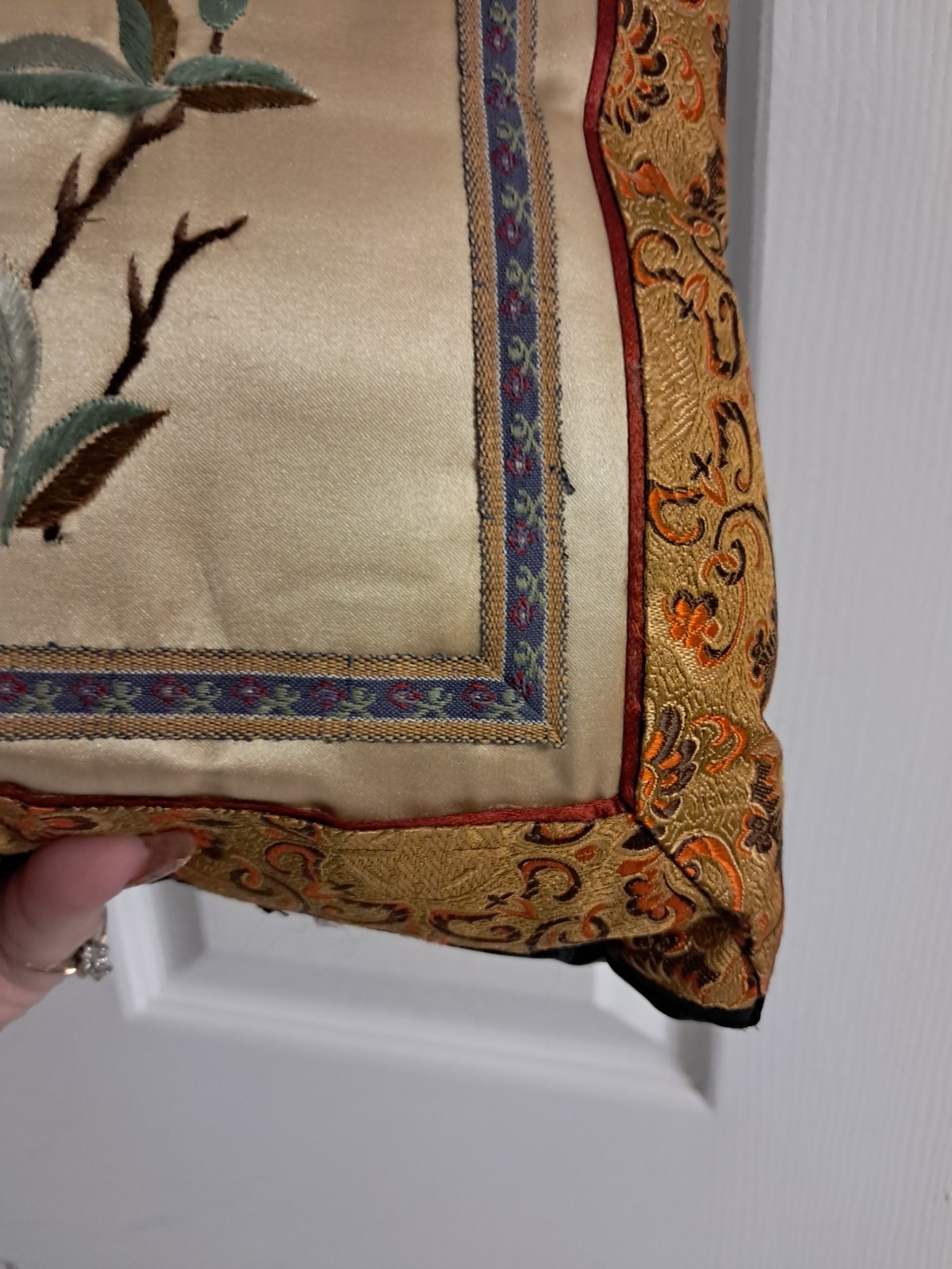 Vintage Chinese Silk Embroidered Decorative Pillow Floral Butterfly 10 X 9 In