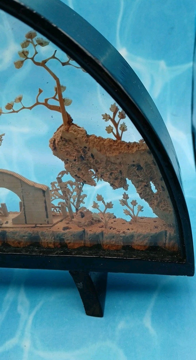 VTG Chinese Diorama Cork Carving Pagoda Trees Birds 10in x 6in Wood Glass Case