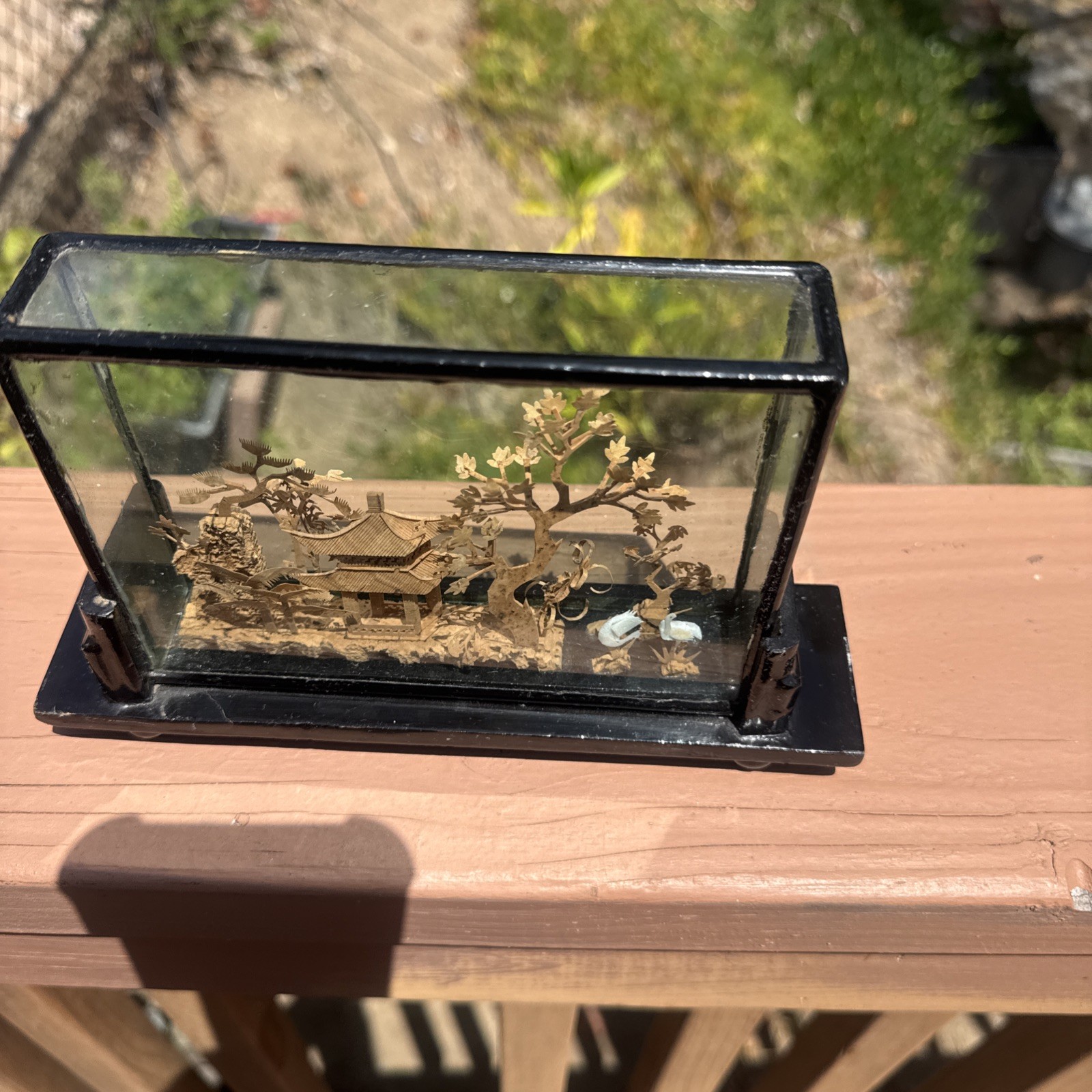 Vintage Chinese Hand Carved Cork Diorama with birds Framed Glass Wood 8” x 5”