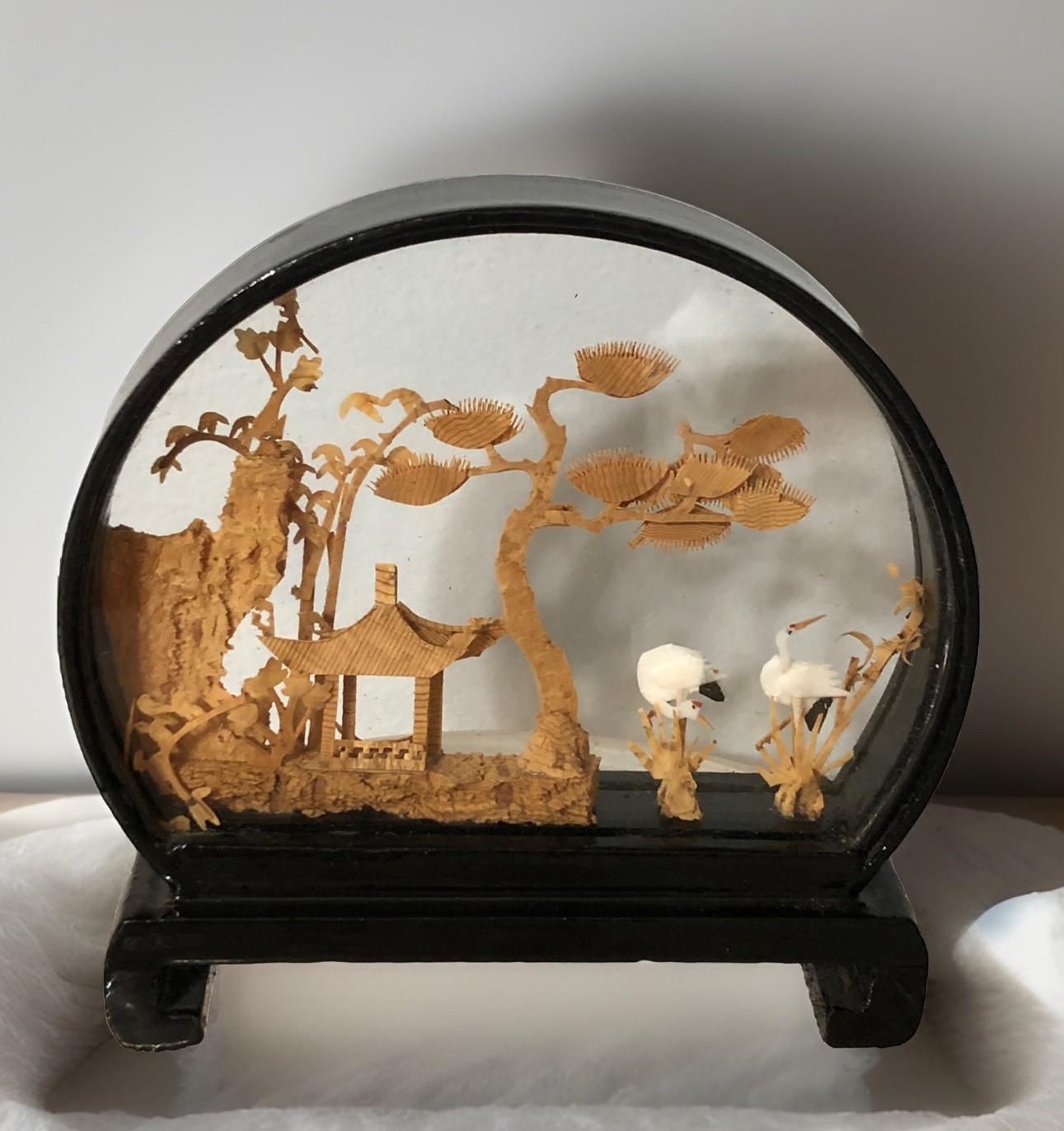 Chinese Hand Carved Cork Diorama Trees Birds House 3D Glass Dark Wood Frame Art