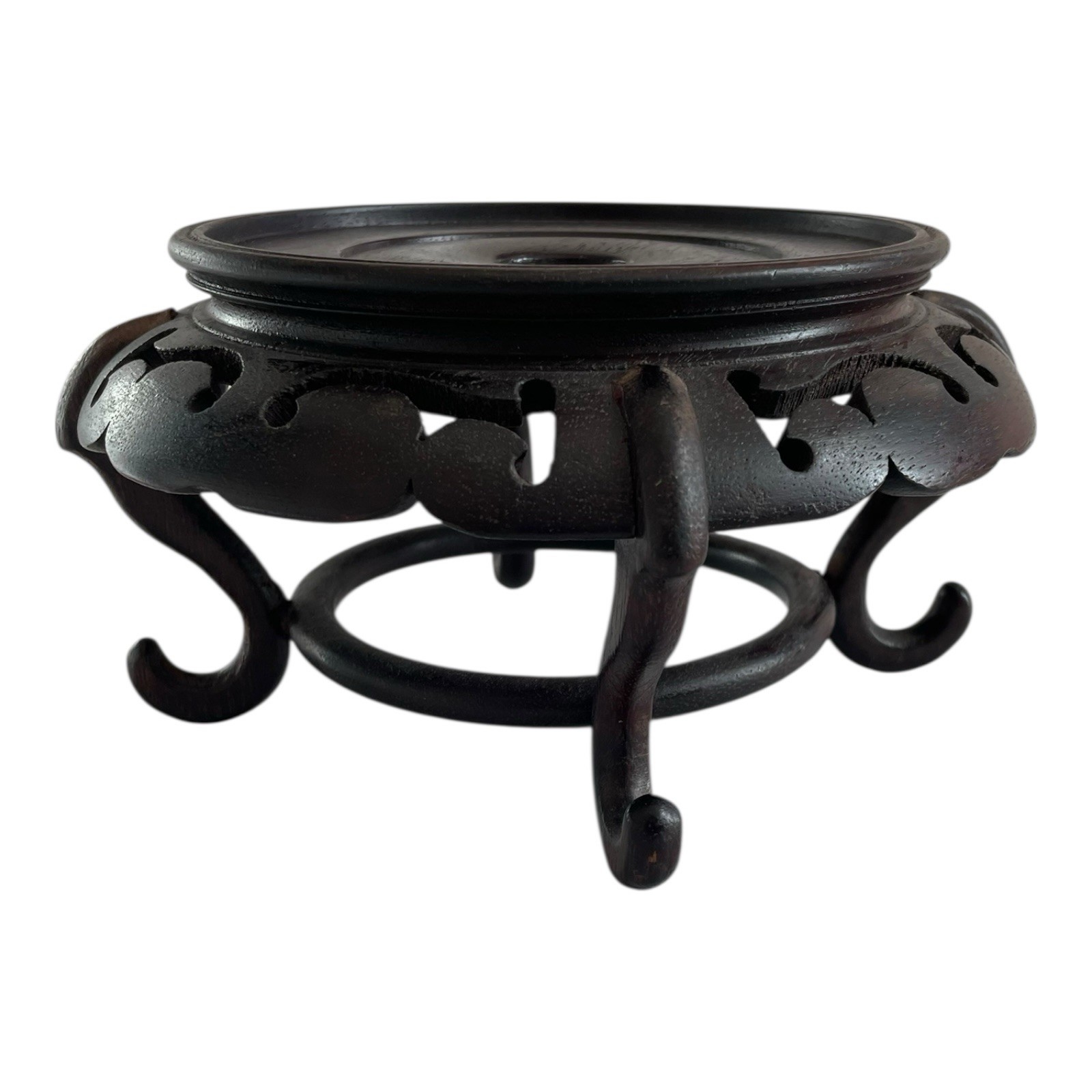 Vintage Chinese Carved Wood Display Stand Footed Pedestal 4.75″ Dark Brown VG