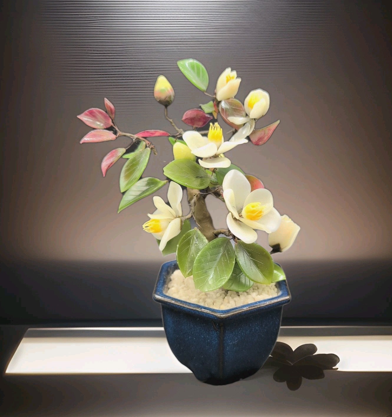 Vintage 70’s Japanese Jade Glass Bonsai Tree Yellow White Magnolia Flower Petite