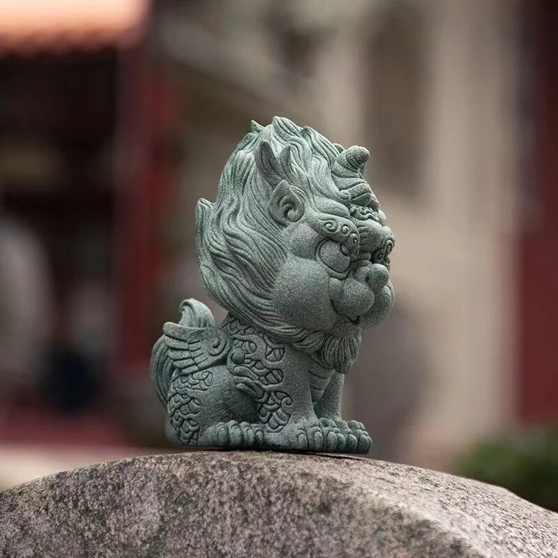 Chinese Style Rui Beast Kirin Statuette Green Sand Stone Art Sculpture Home Room