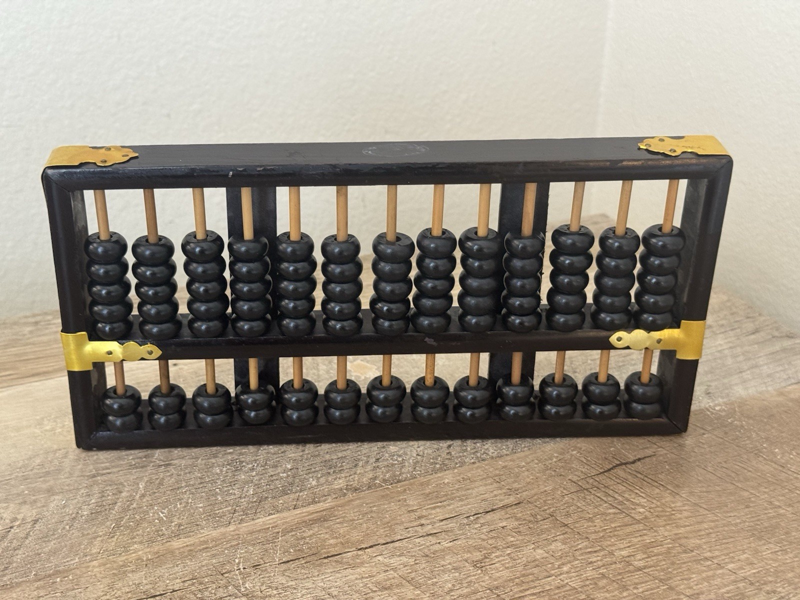 Chinese Abacus 13 Row 91 Bead Wood & Brass Lotus Flower Brand Vintage