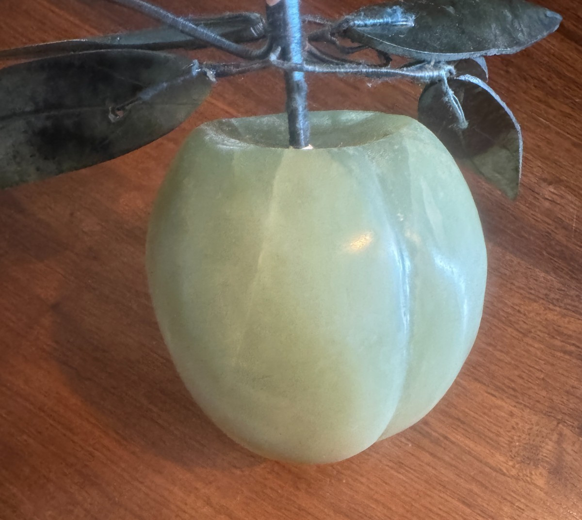 Vtg 5″ Asian Carved Green Jade Peach/Plum with Leaves Hard Stone READ