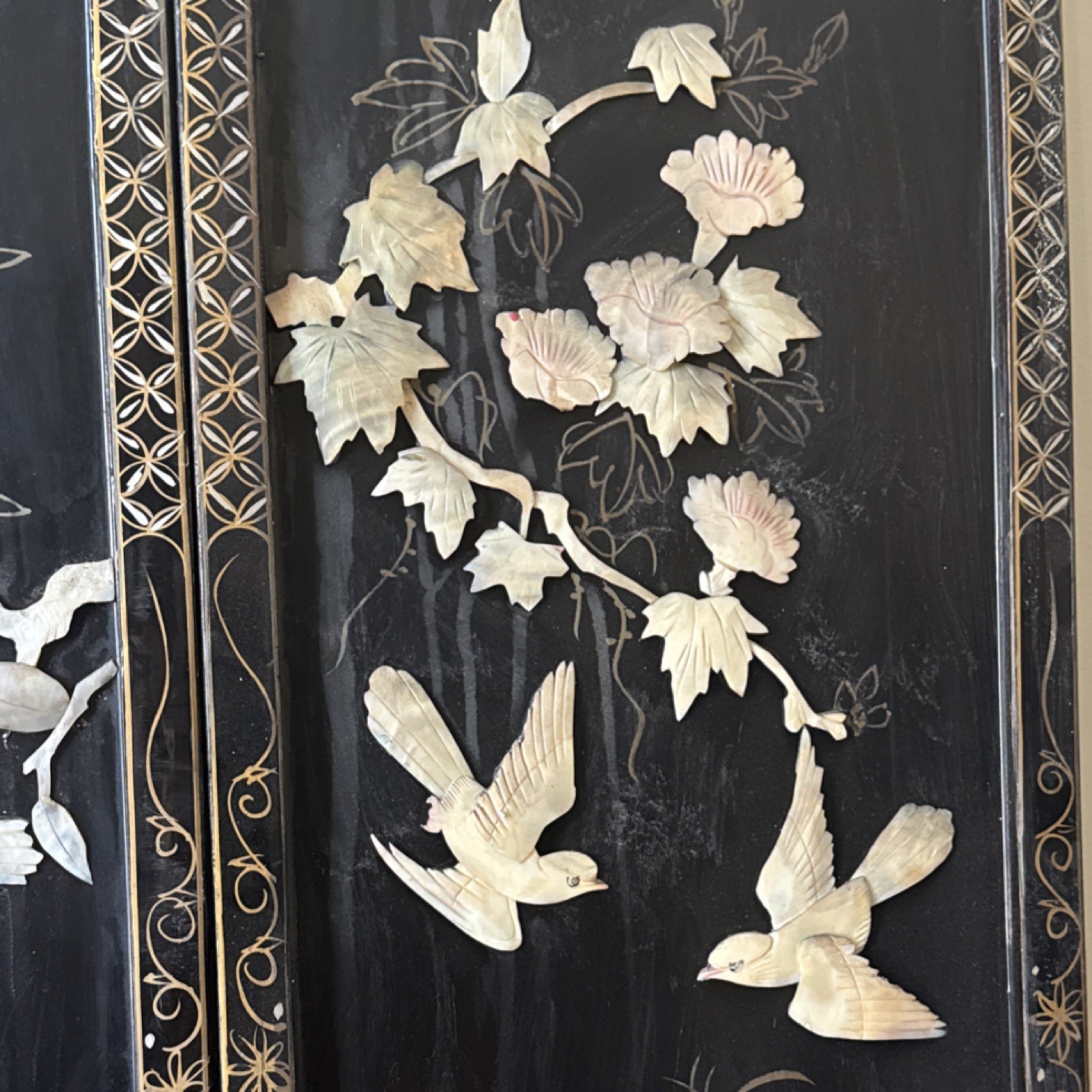 Chinese Four Panel Decorative Wall Art Set Birds Flowers Black Gold Frames