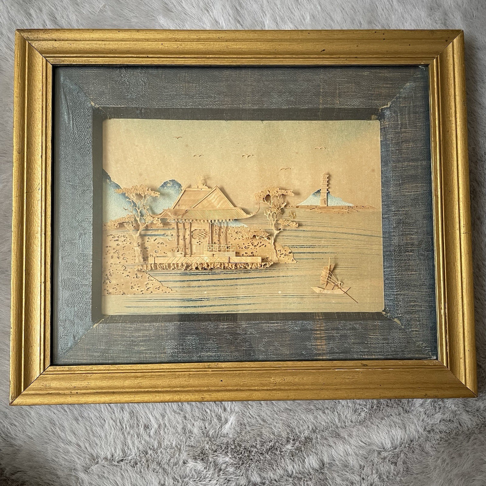 Antique 1930s Chinese Cork Carving Art 3D Pagoda Diorama W/ Birds Trees Framed