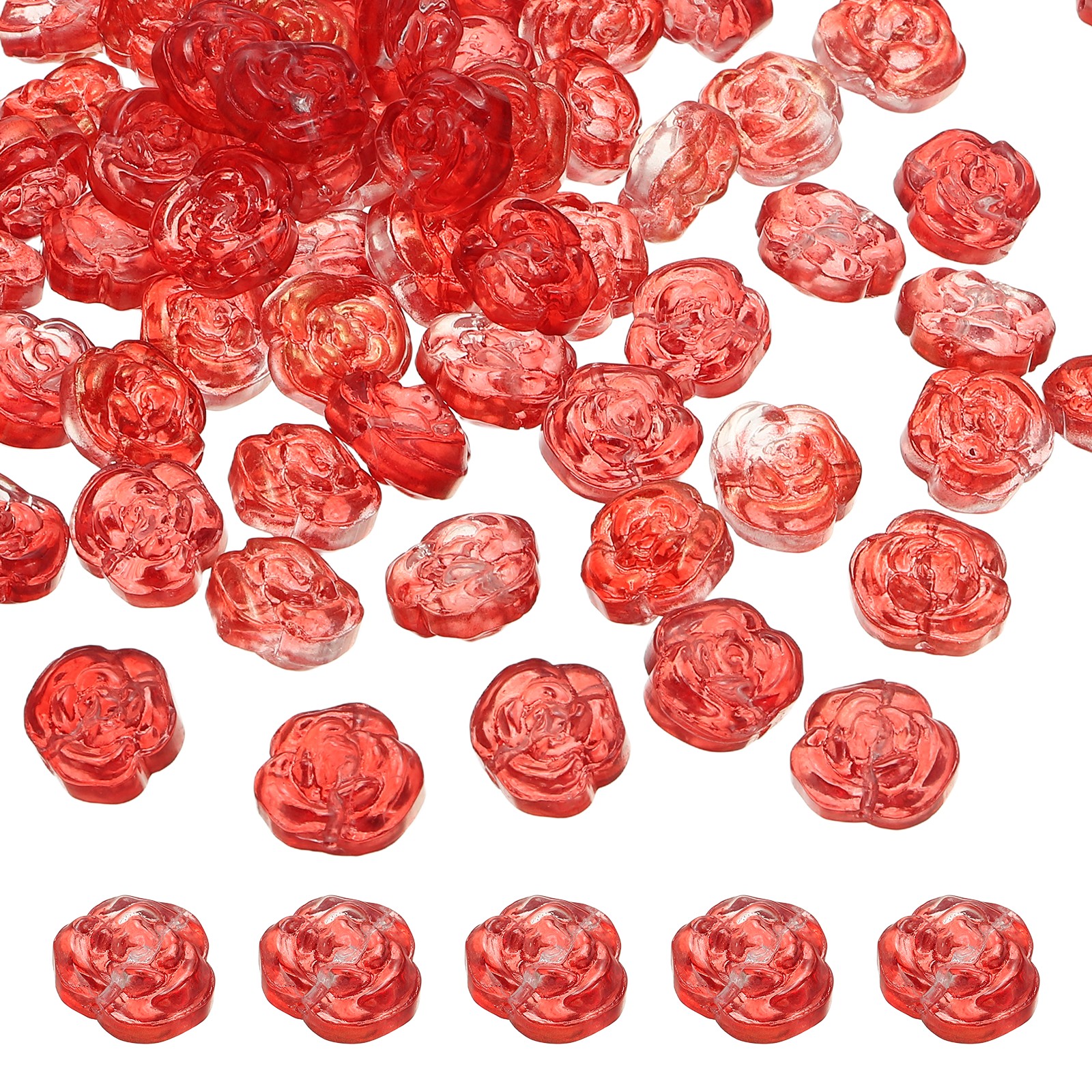 100 Pcs Rose Beads, 0.55″ Glass Flower Rose Charm, Red