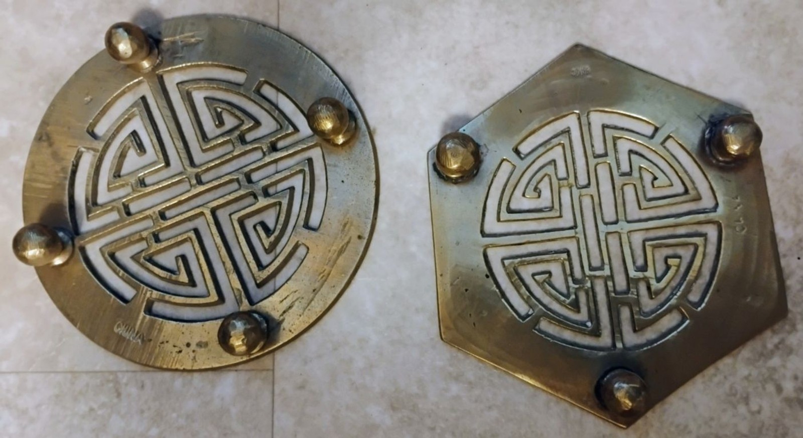 Vintage Intricate Solid Brass Chinese Shou Symbol Trivets – Matching Set of 2