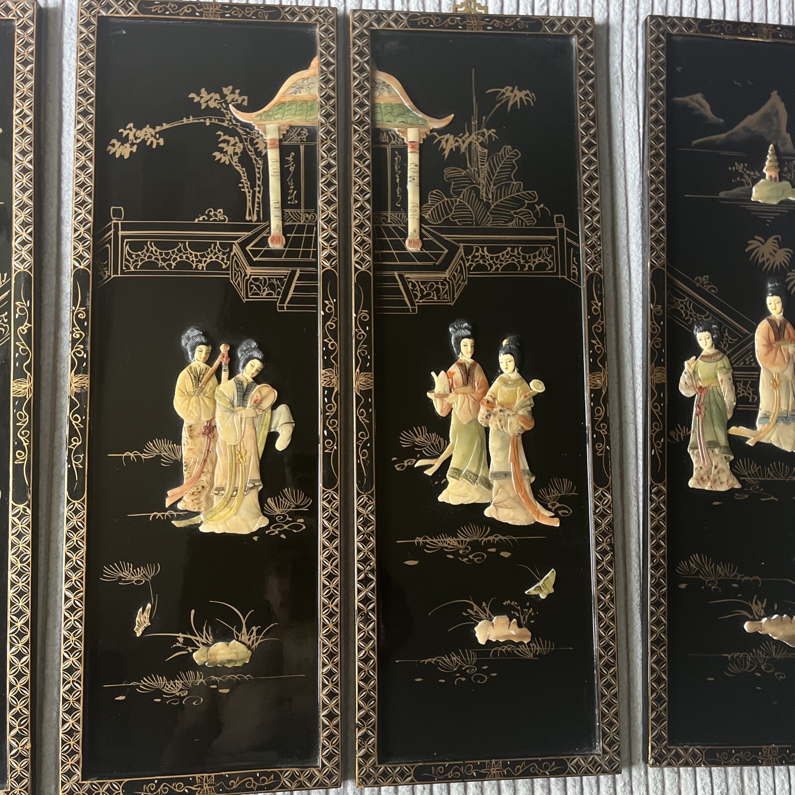 4 Asian/Oriental Hanging Wall Panels Mother Of Pearl Black Lacquer 36”X12” (READ