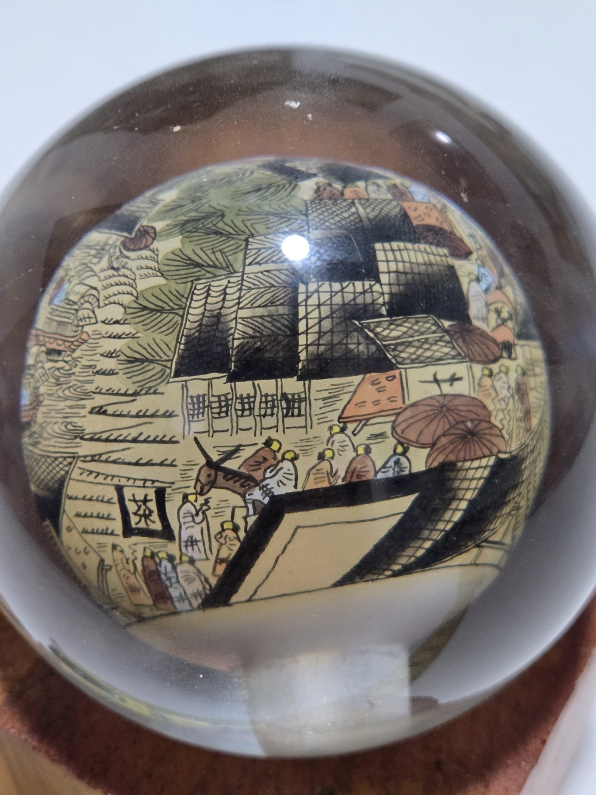 Vtg Chinese Reverse Paint Globe Orb Sphere With Wooded Base 4″ Round Rare!