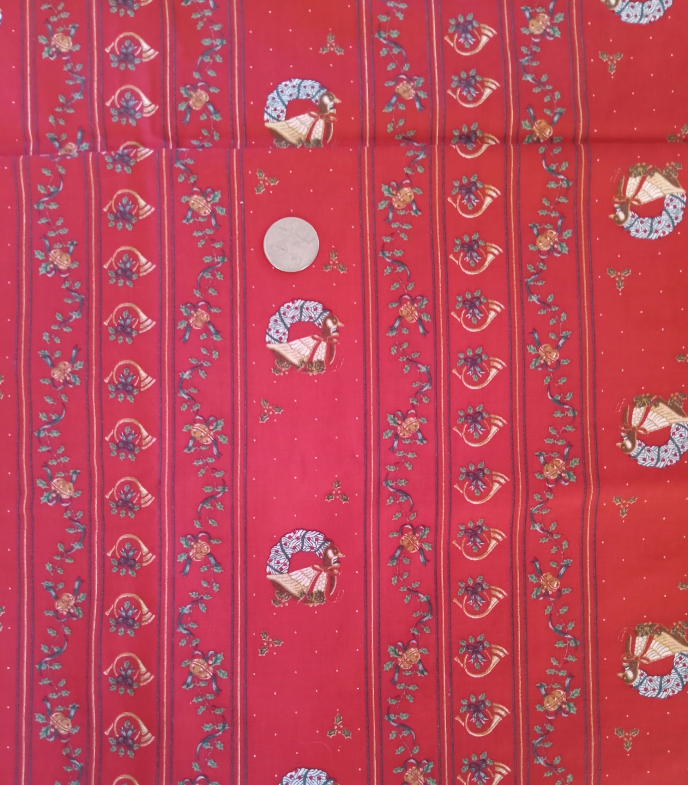 Wamsutta~”Holiday Stripes”~Wreath/Duck, Bells, Horns, Holly~Cotton Fabric 43×45