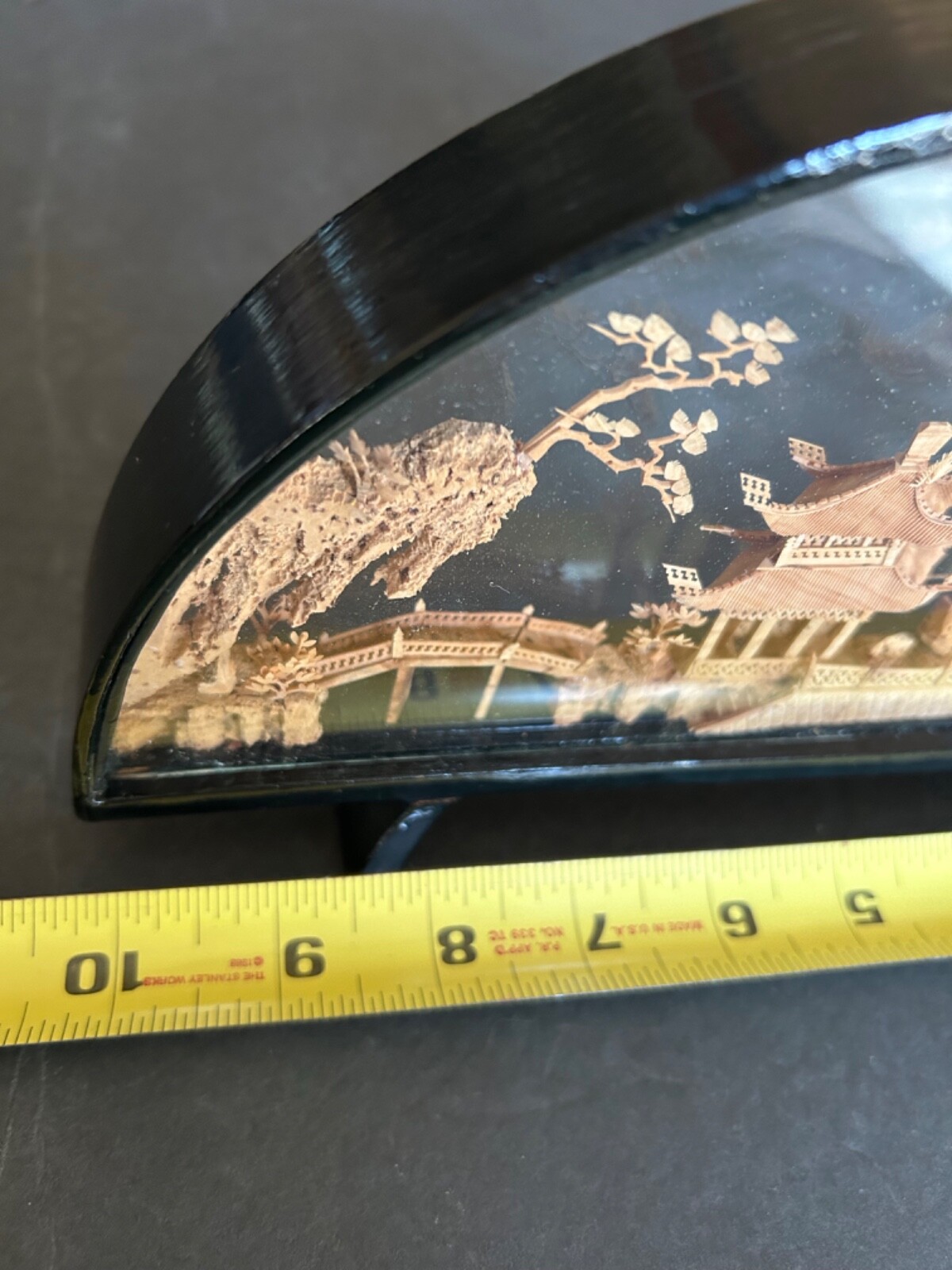 VINTAGE CHINESE SAN YOU DIORAMA CORK CARVING GLASS CASE PAGODA TREES & CRANES.