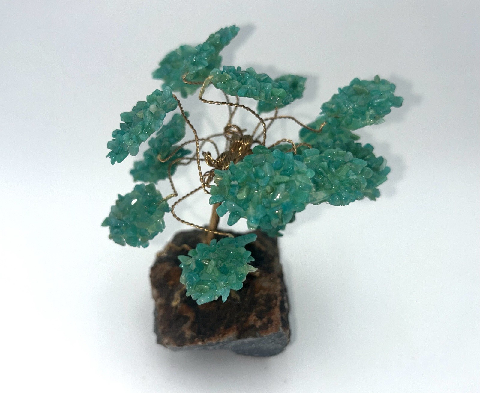 Vintage Crystal Bonsai Tree Sculpture Copper Wire on Natural Stone Base.