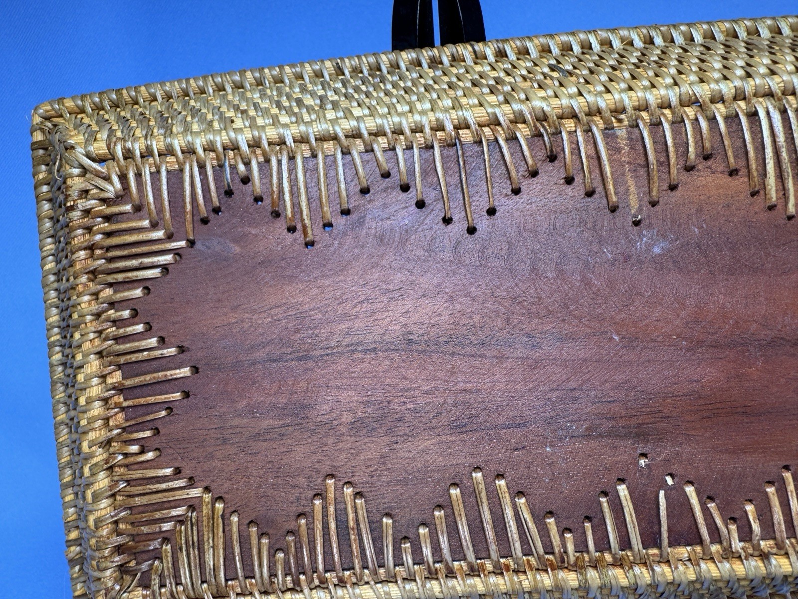 Vintage Chinese Wood Tray With Embedded Coin, Woven Sides Inlaid Wood 10x6x1