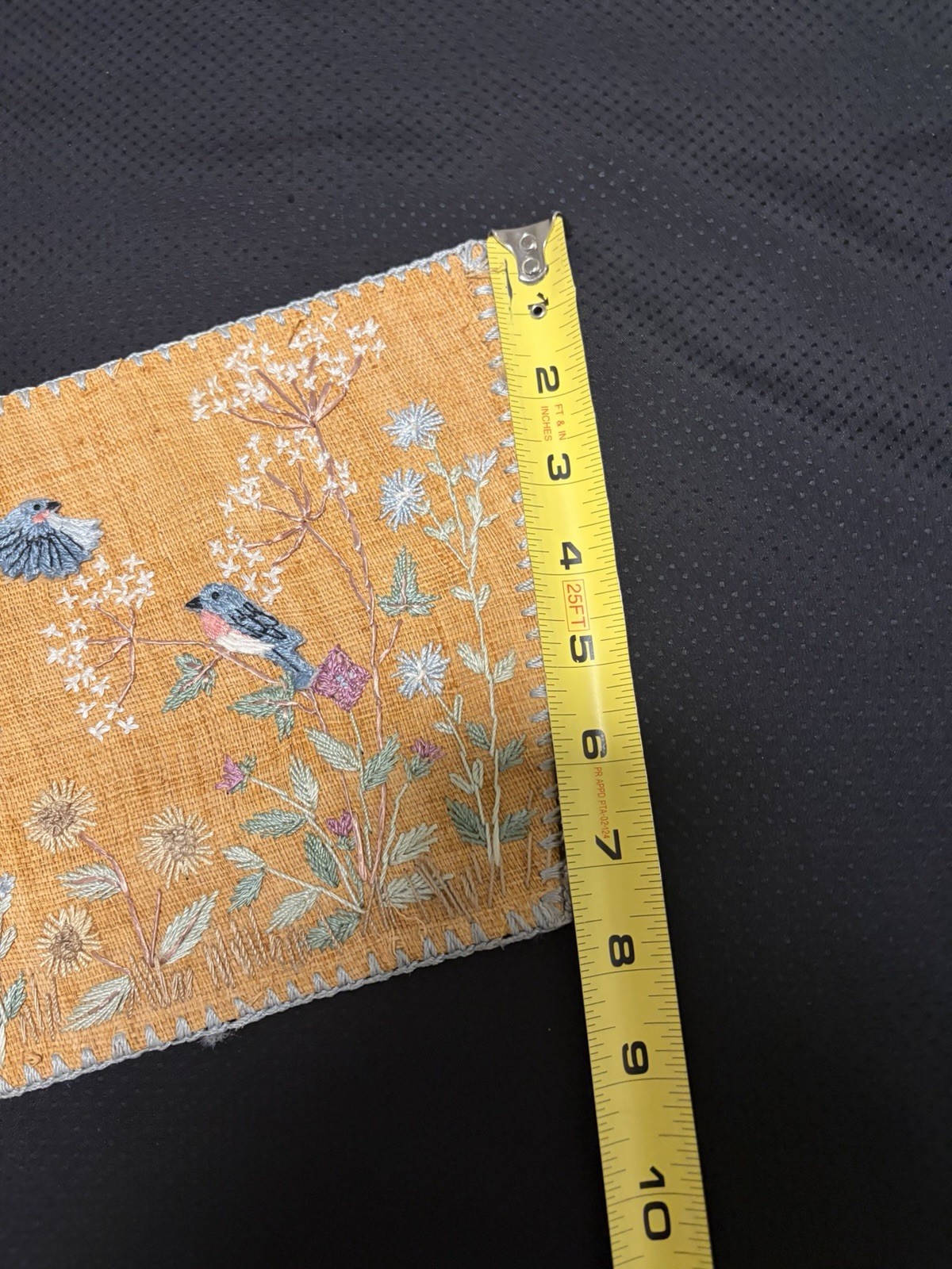 Antique Asian Embroidered Burlap Blue Bird Floral Panel 11″ Micro Bead Hemstitch