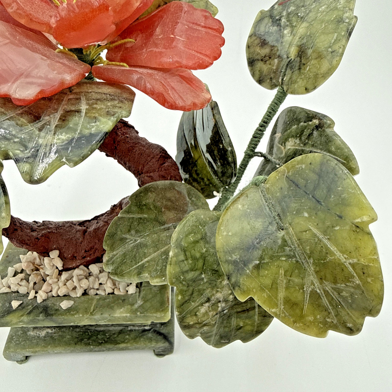 Vintage Chinese Jade Quartz Bonsai Tree Floral In Celadon Pot Carved Flower Tree