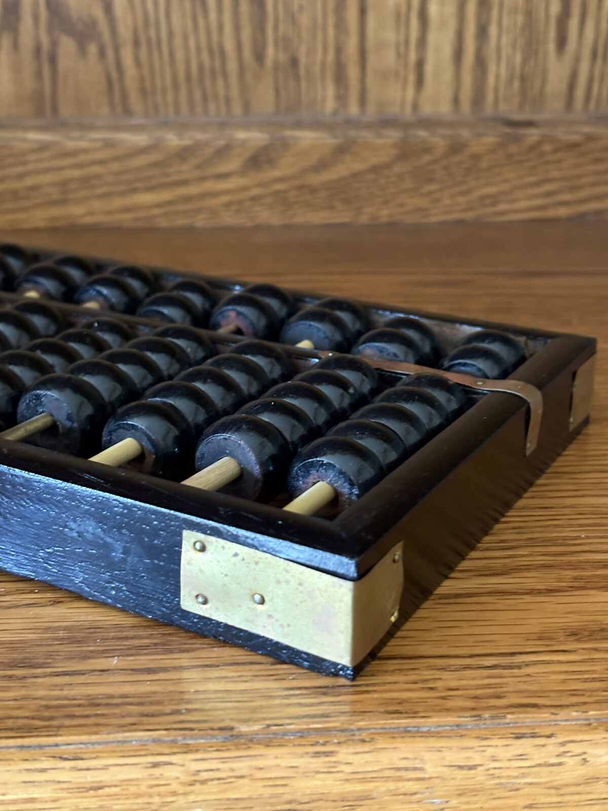 Vintage Zhejiang Chinese Black Wooden Abacus 13 Rods 91 Beads Brass Accents GVC