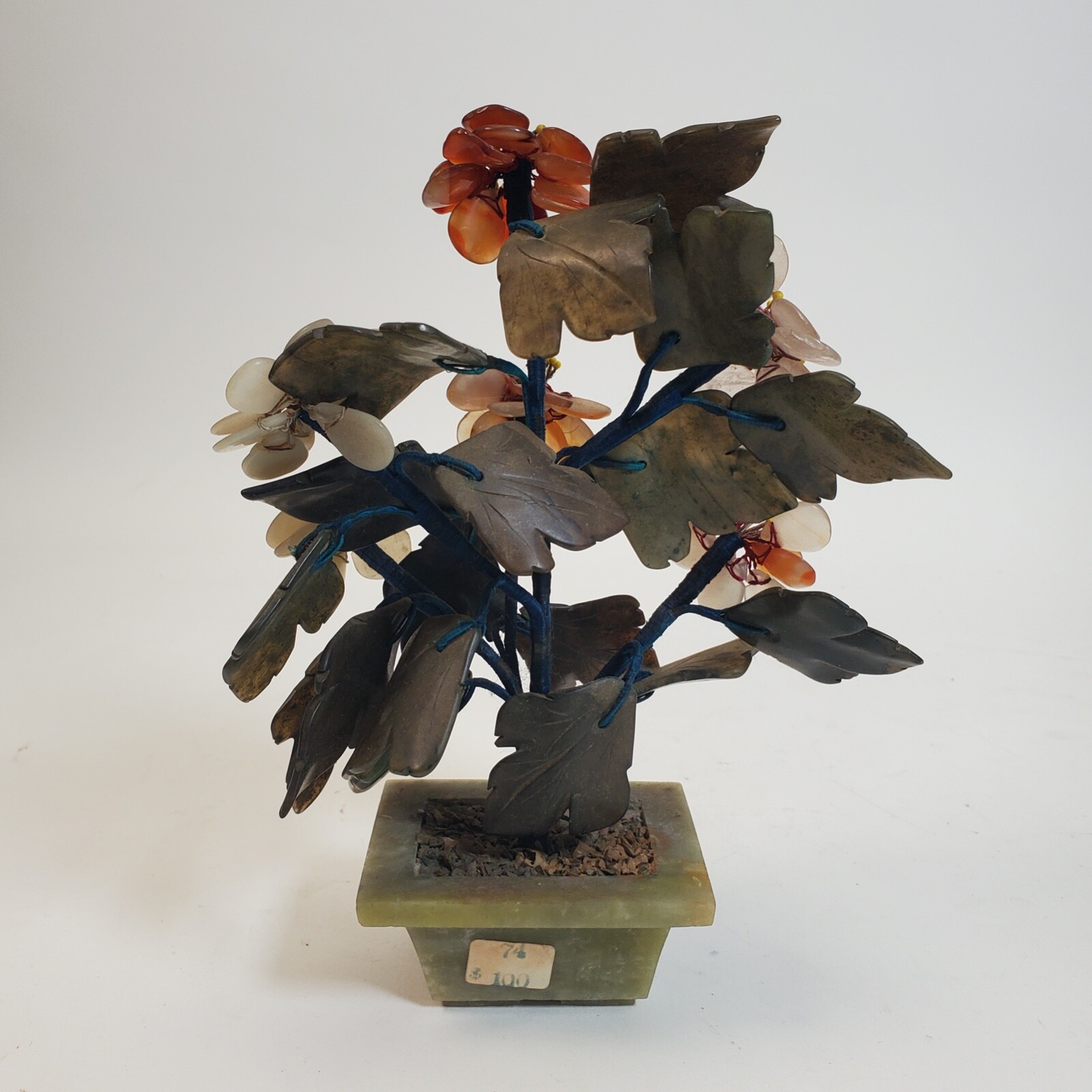 Vintage 1950s Chinese/Japanese Jade Agate Bonzai Flowering Tree