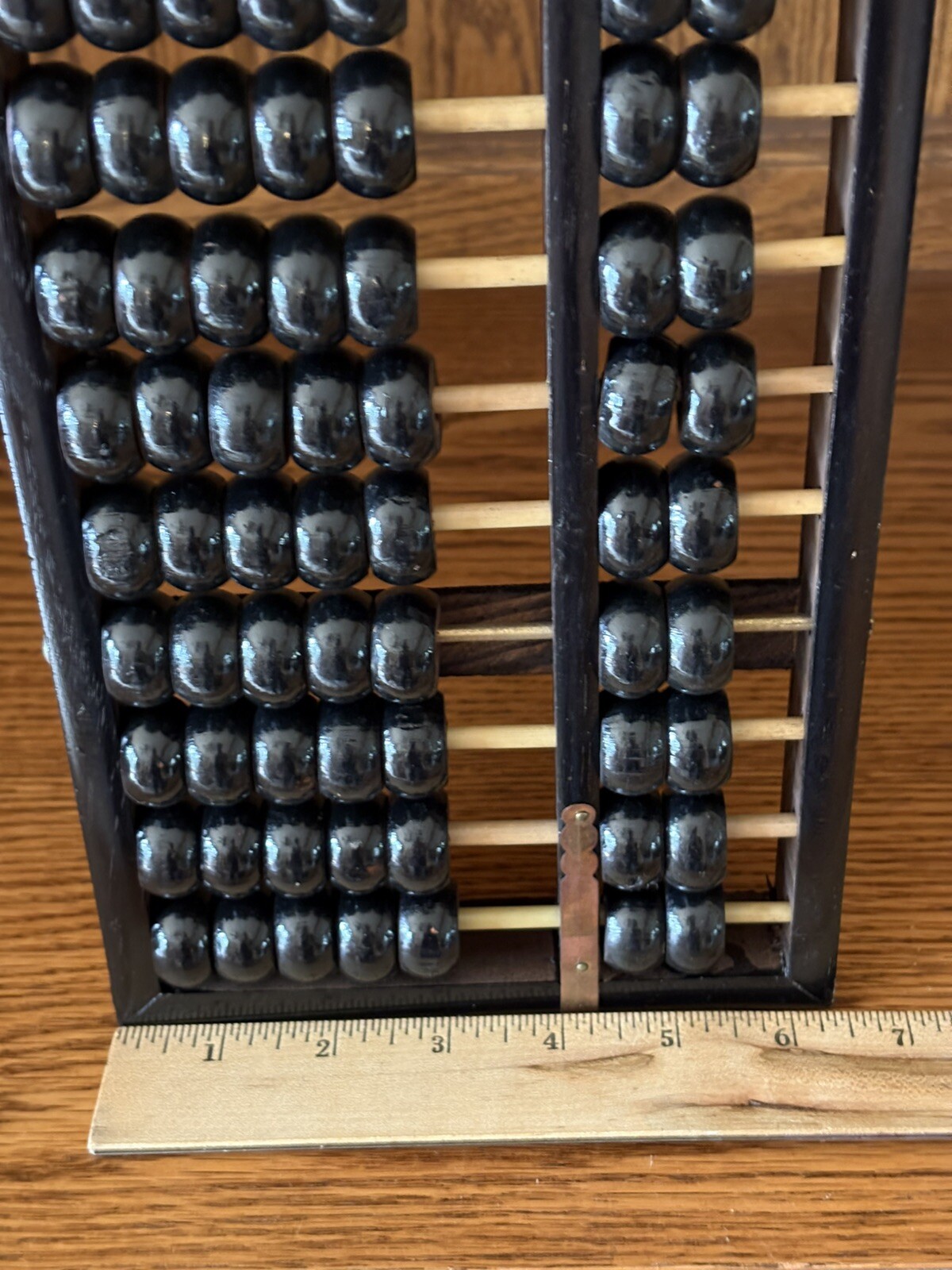 Vintage Zhejiang Chinese Black Wooden Abacus 13 Rods 91 Beads Brass Accents GVC