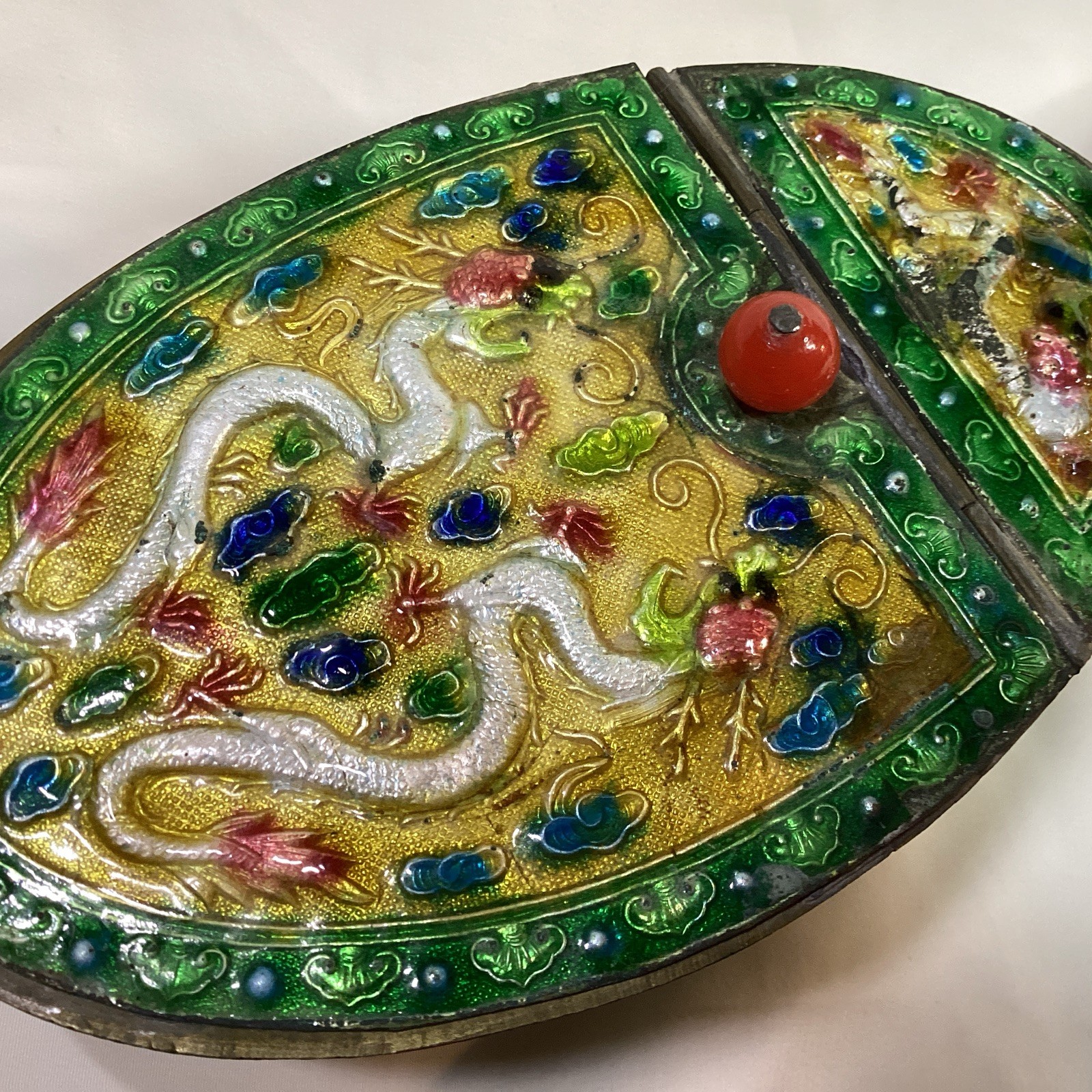 Antique CHINESE Brass Cloisonne Enamel Silk Iron DRAGONS CHASING THE RED PEARL
