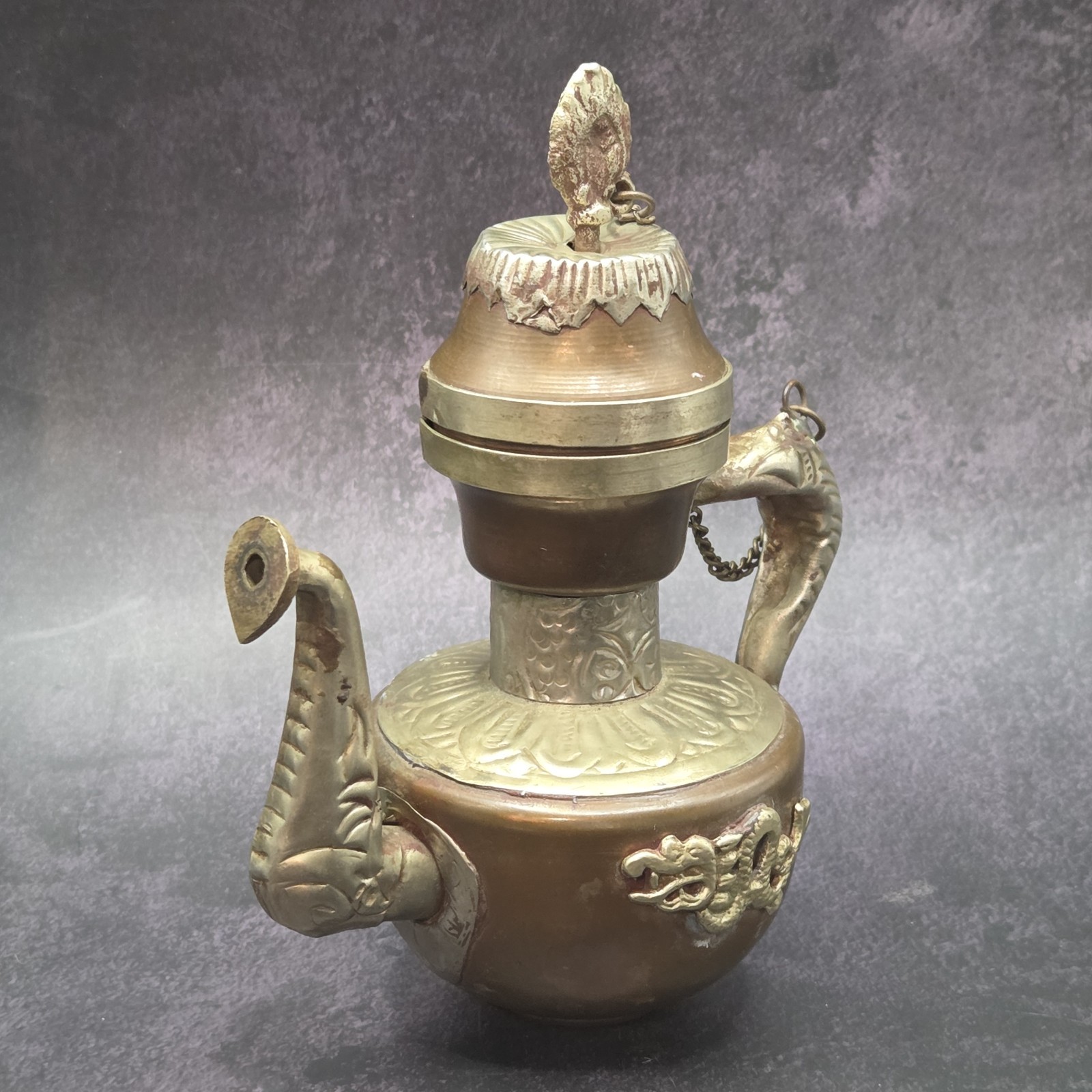 ANTIQUE / VINTAGE COPPER AND BRASS TIBETAN TEAPOT WITH DRAGON