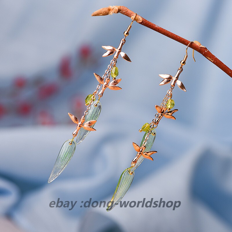 Chinese Coloured Glaze Flower Gild Bamboo Joint Tibetan Style Earbob Earrings