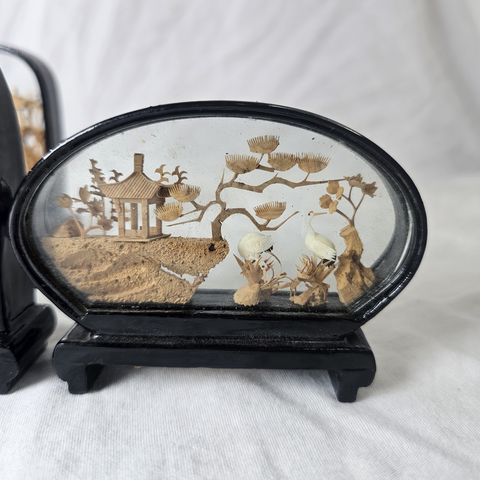 Vintage Lot Of 6 Chinese Carved Cork Lacquer Ware Diorama Sculpture Bird Panda