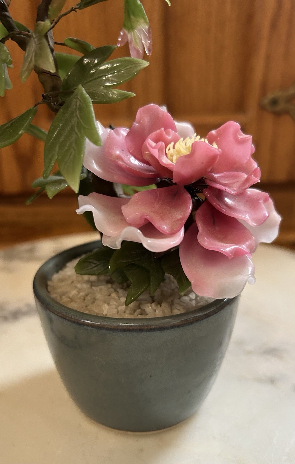 Vintage Chinese Jade Glass Leaves Pink Peony Flowers Bonsai Tree Green Celadon