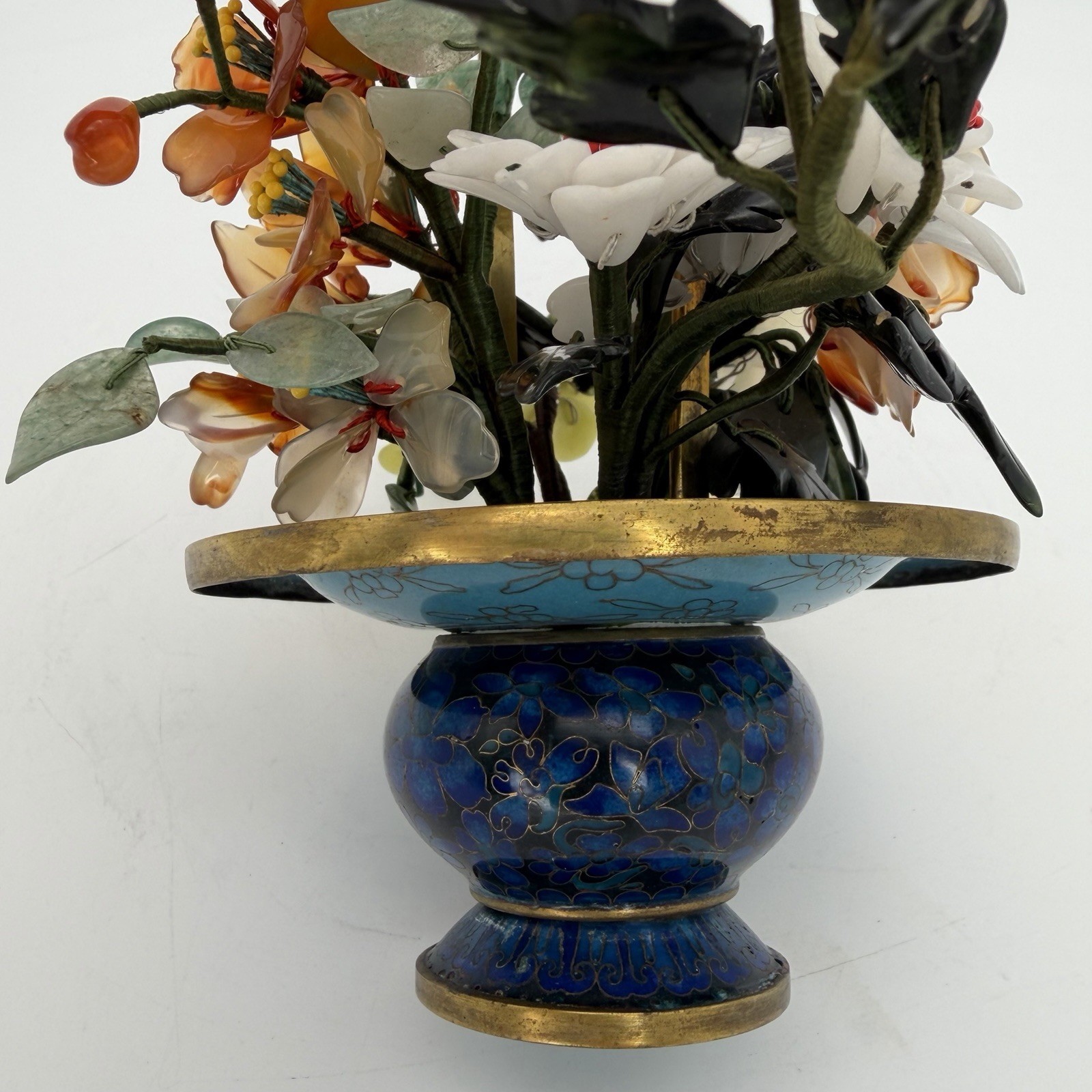 Vintage Jade Bonsai Tree Flowers Basket Cloisonné Pot 7.5” Brass Handle