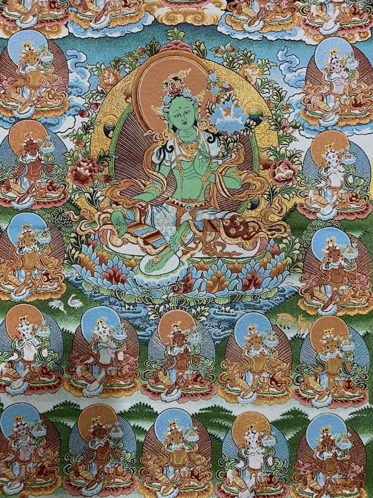 36″Tibet Tibetan Cloth Silk Buddhism Green Tara Guanyin Tangka Thangka Mural 21