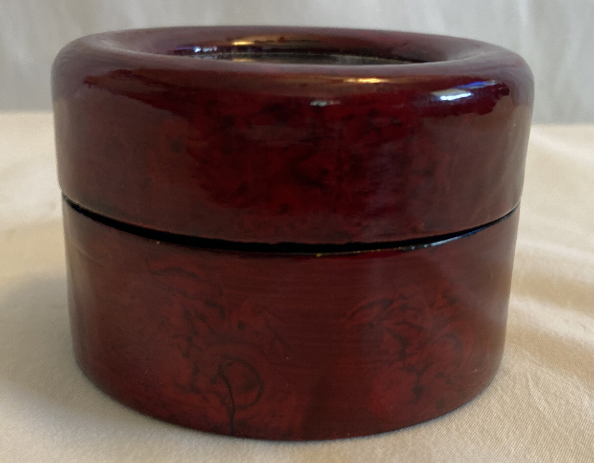 Vintage Wooden Trinket Box with Carved Cork Inlay in the Lid Lined with Red Silk