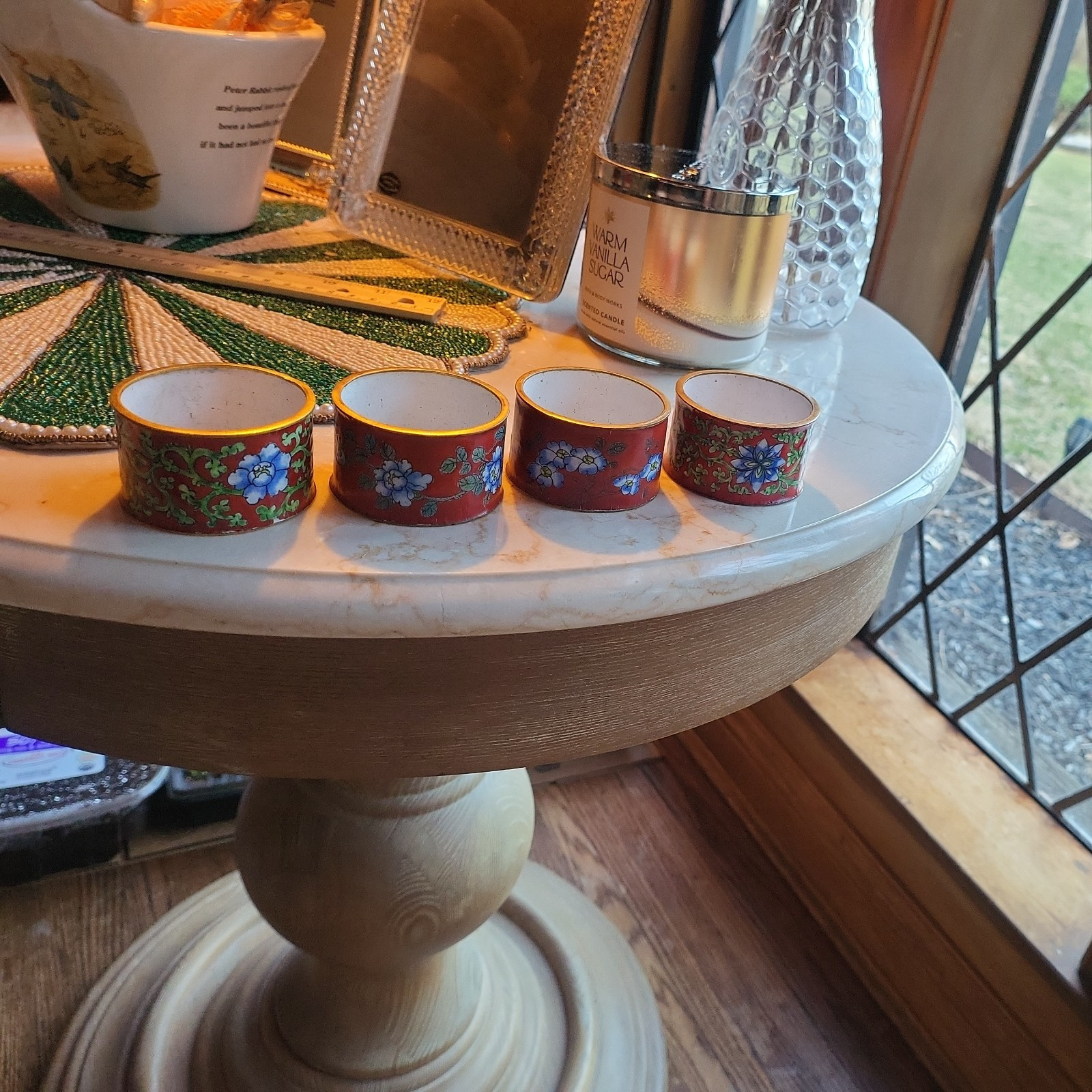 4 Vintage Cloisonné Napkin Ring Enamel red asian Floral Design Unique Multicolor