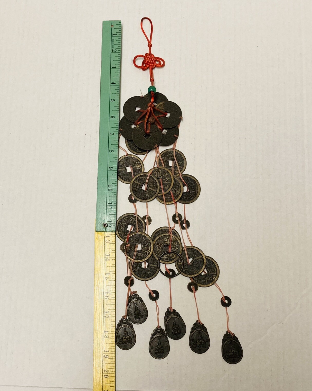 Rare 1950s Chinese Coin Token Wind Chime Feng Shui Buddha Qwan Yin Charm Art X