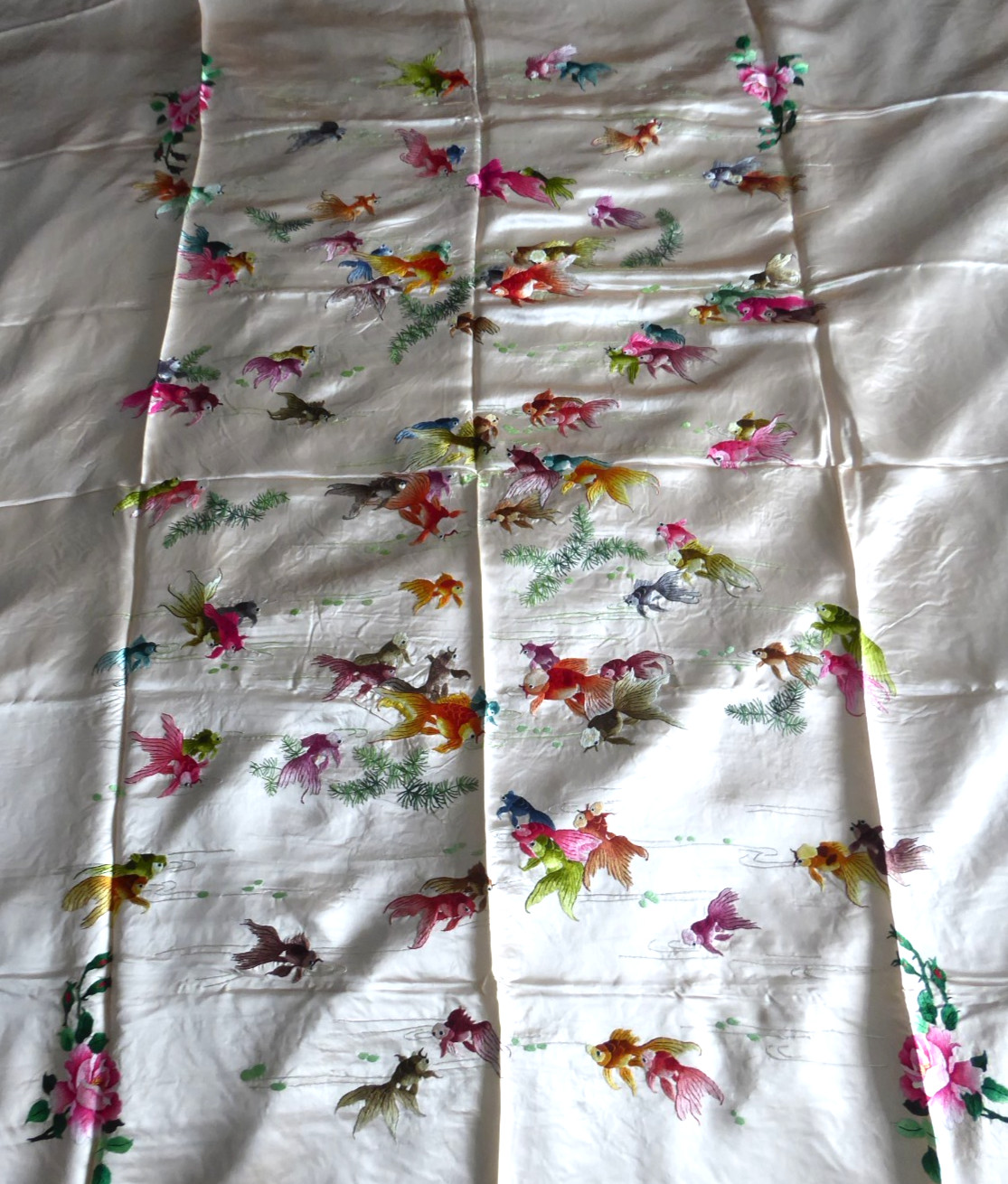 Vintage Chinese Embroidered Silk 100 Gold Fish Large Panel Bed Cover 56″x76″