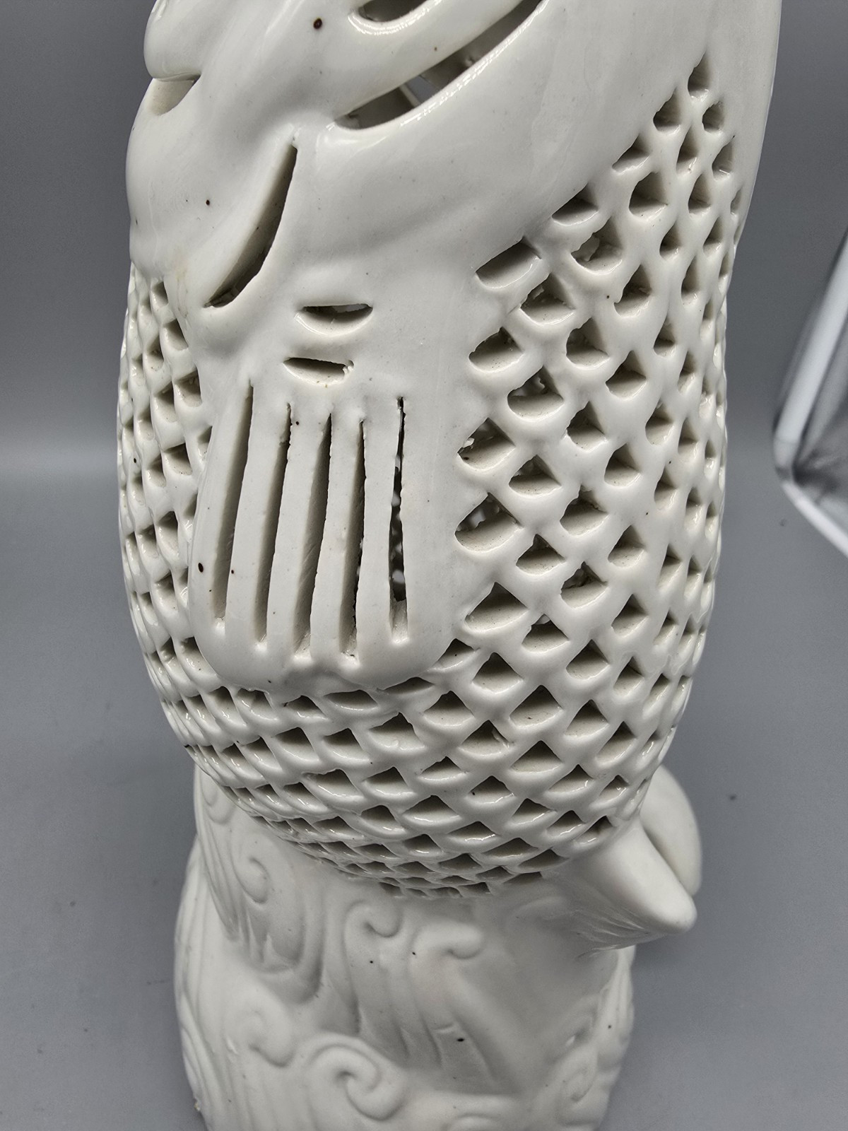 Vintage Blanc De Chine Koi Fish Votive Lamp Base Sculpture 10 1/2″