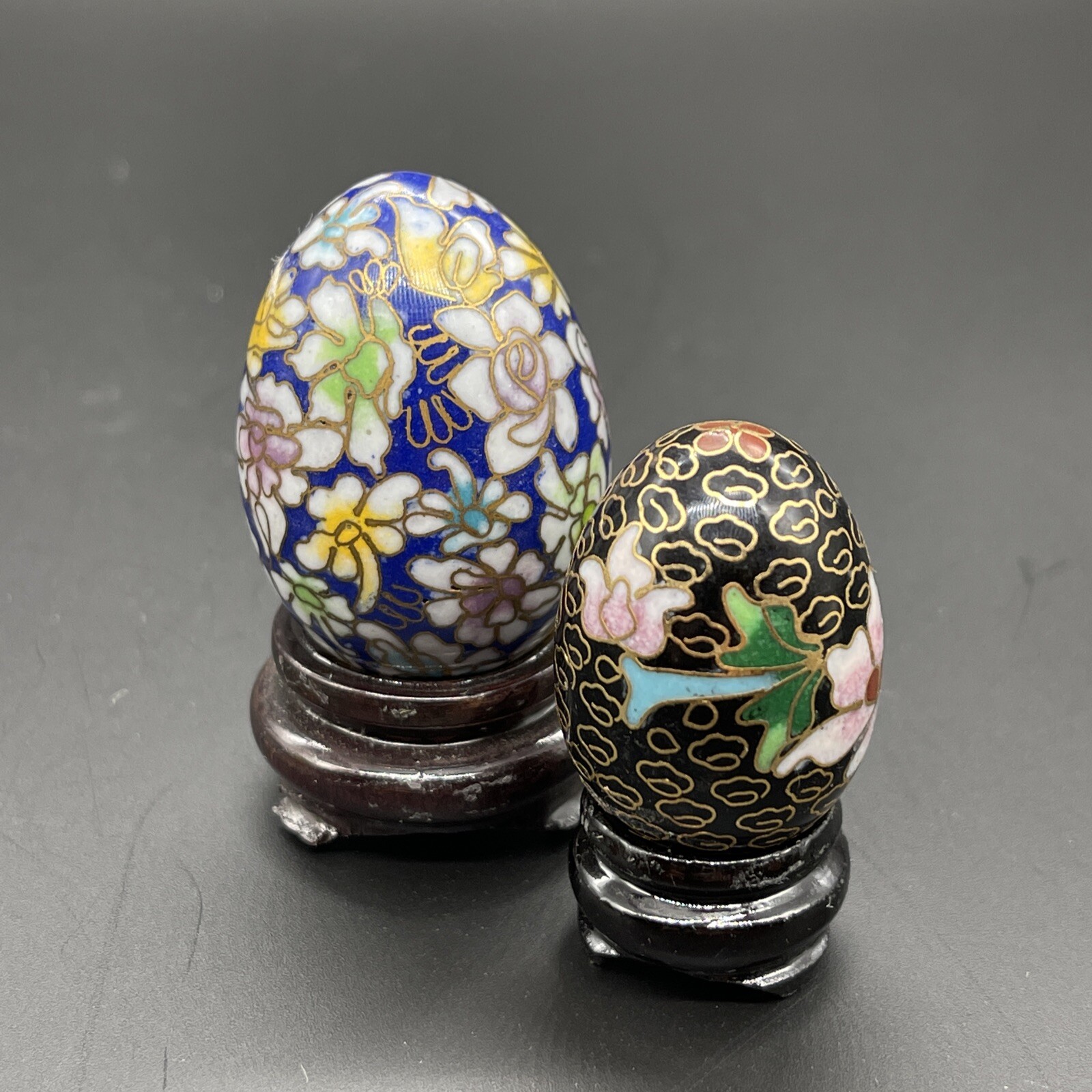 Cloisonné Eggs & Wooden Stands Floral Multicolor & Gold Design Small