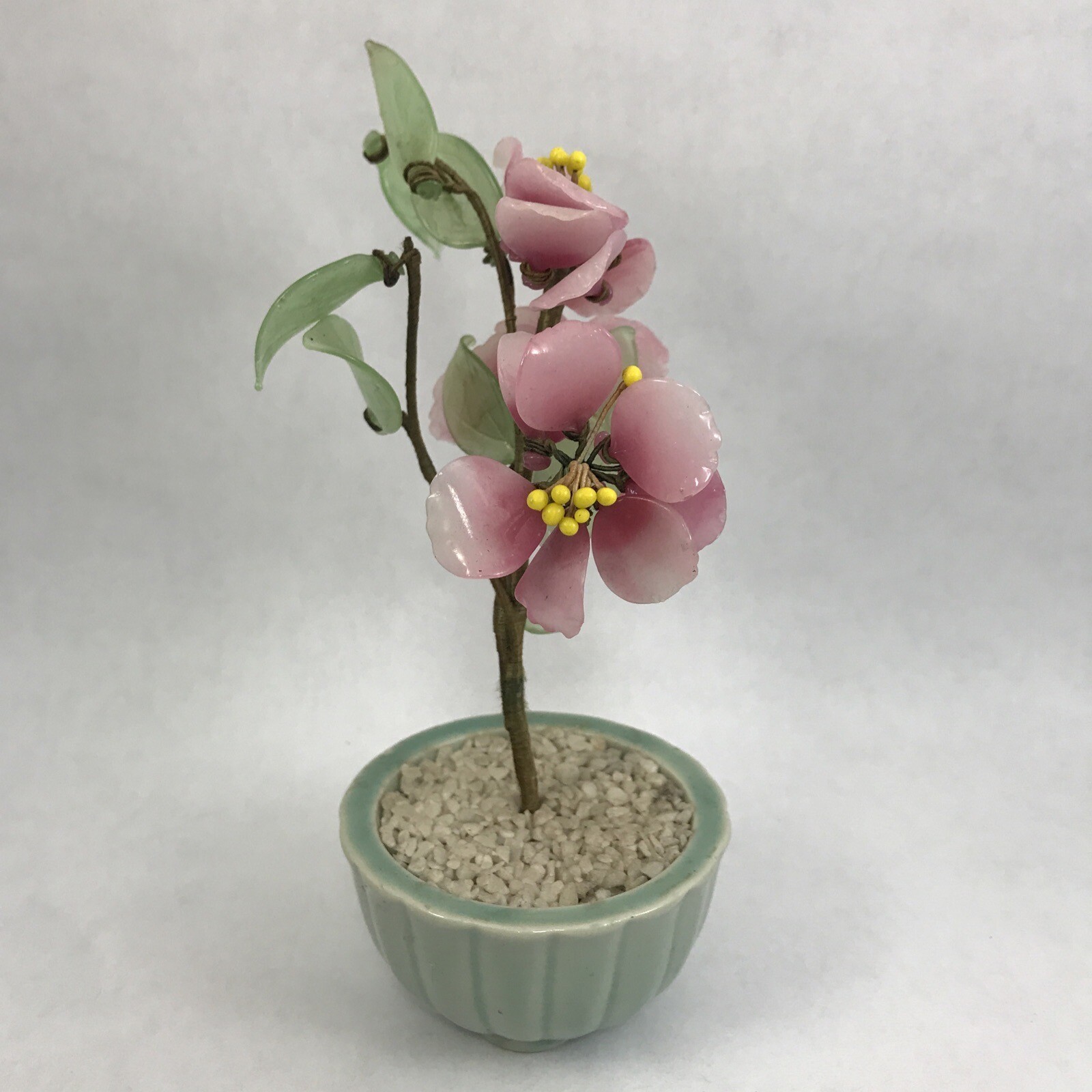 Pink Flower Decorative Asian Style Jade Glass Flowers Bonsai Plant Celadon Pot